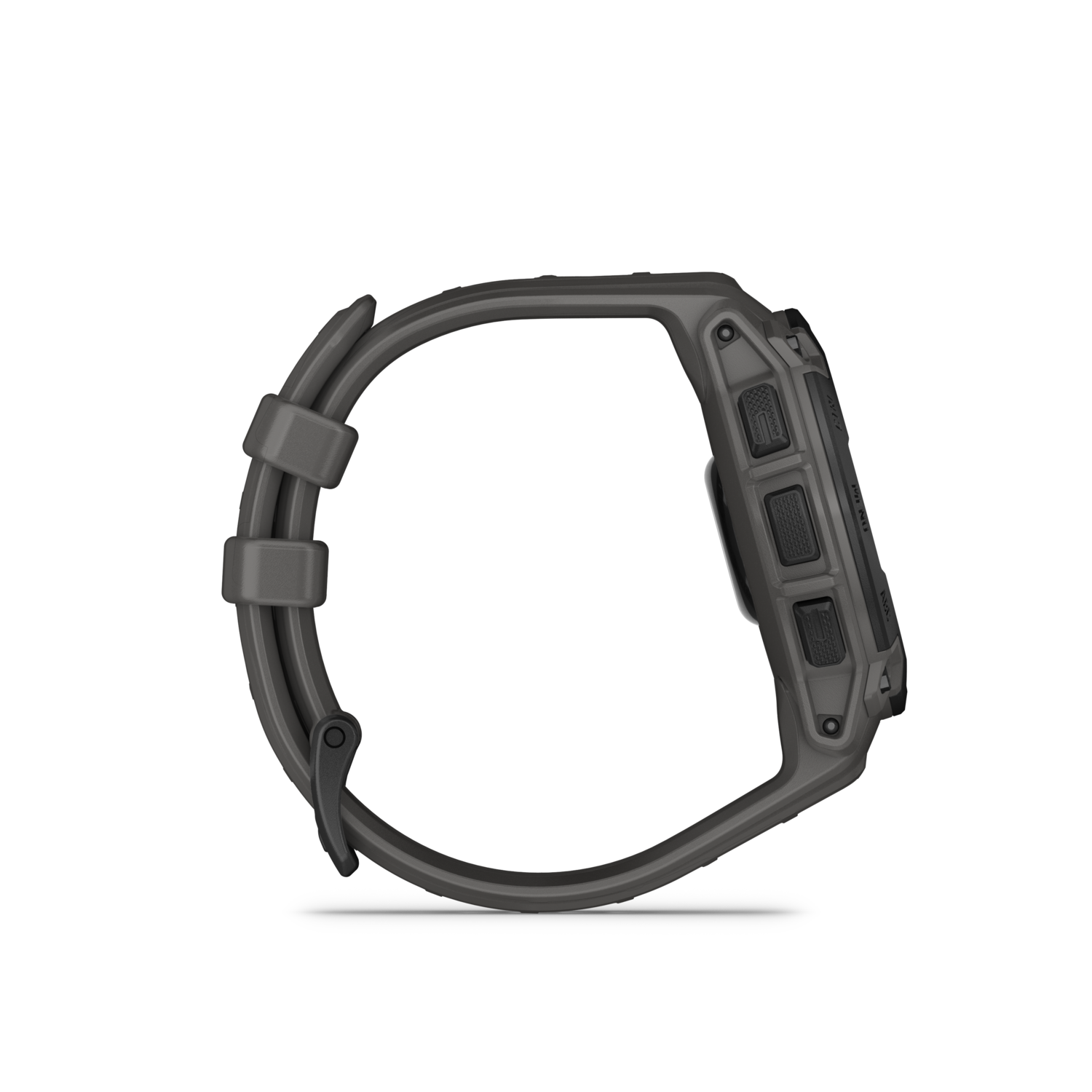 A side view of a grey smartwatch on a black background.