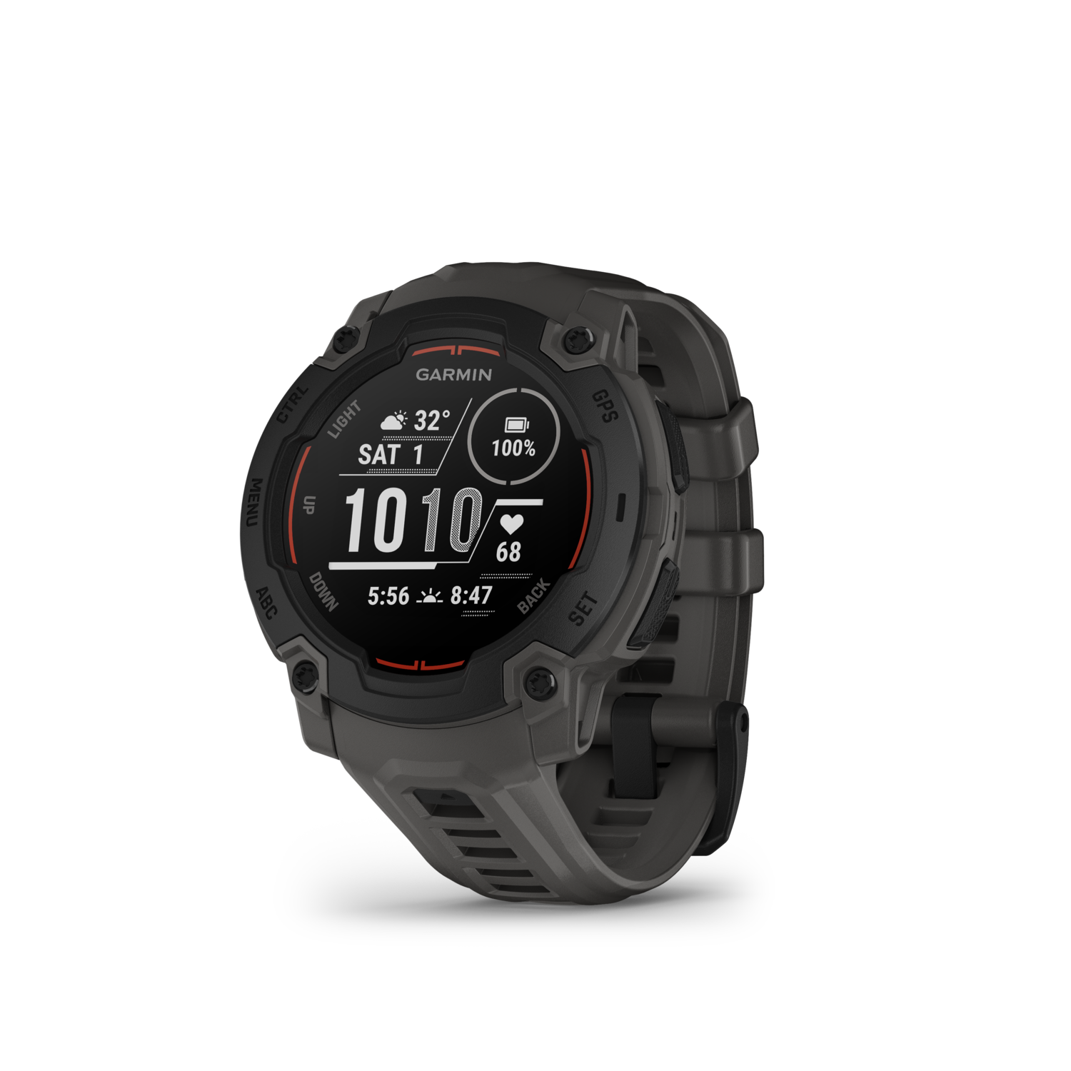 A Garmin Instinct watch with a dark grey band. The watch face displays data.