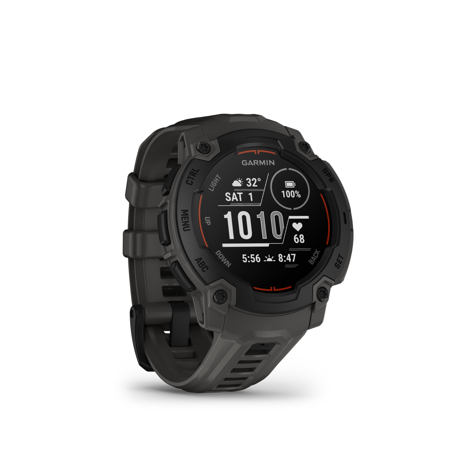Black smartwatch with digital display showing time, heart rate, and battery.