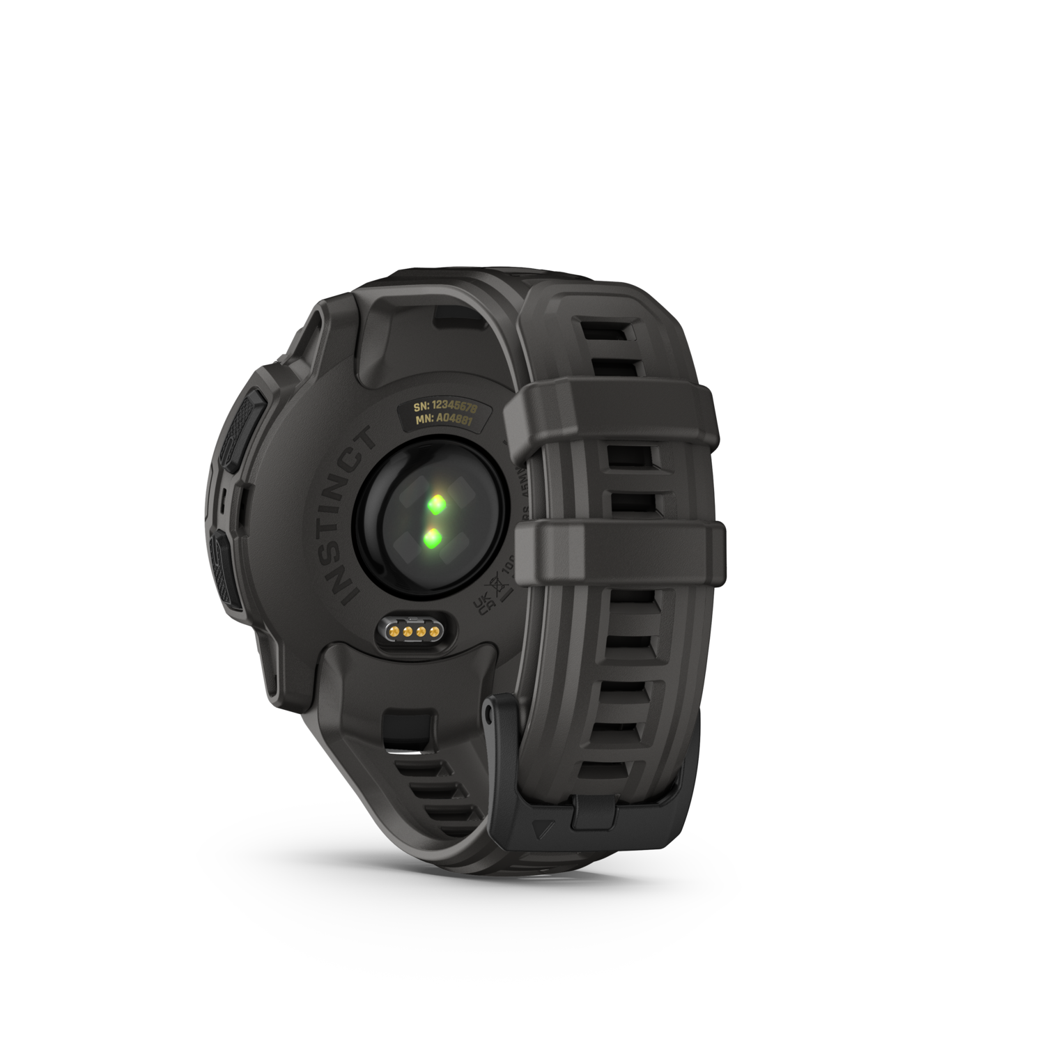 Black smartwatch with black band. The screen displays green light.