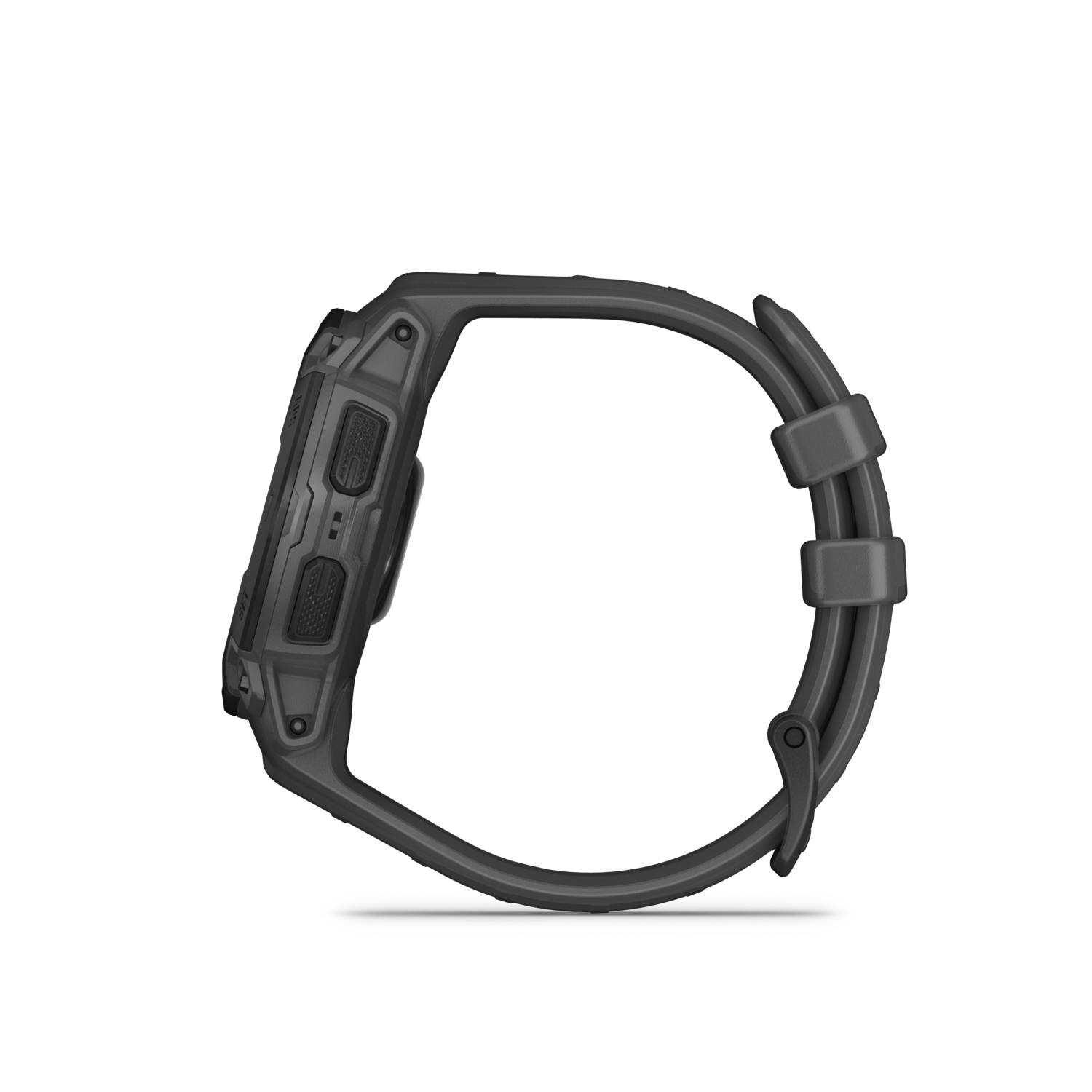 A side view of a smartwatch with a dark gray band and buttons on the side.