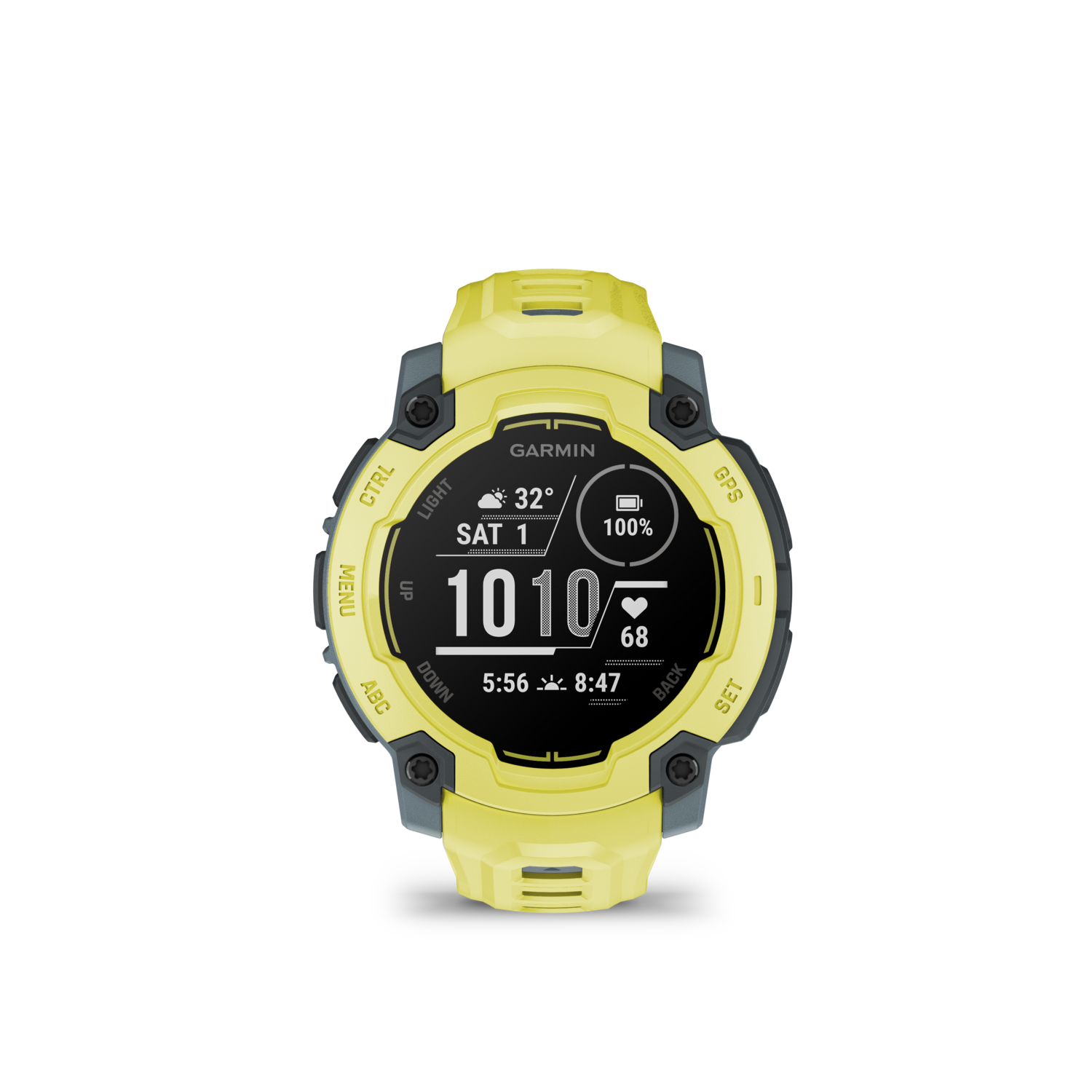 Garmin smartwatch. Gele band, zwart scherm met tijd, hartslag en batterij.