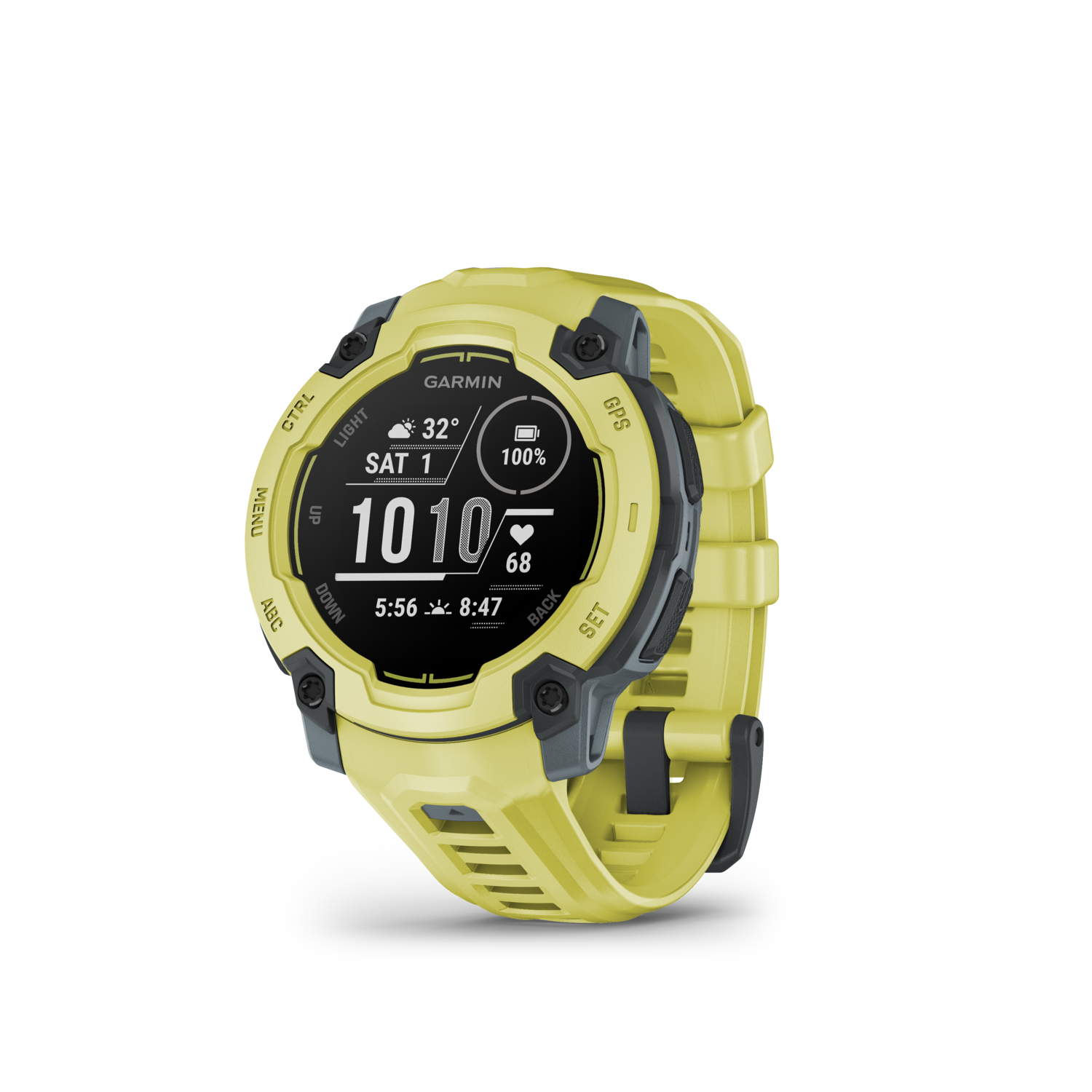 Gele Garmin Instinct horloge, met zwart scherm, op een zwarte achtergrond.