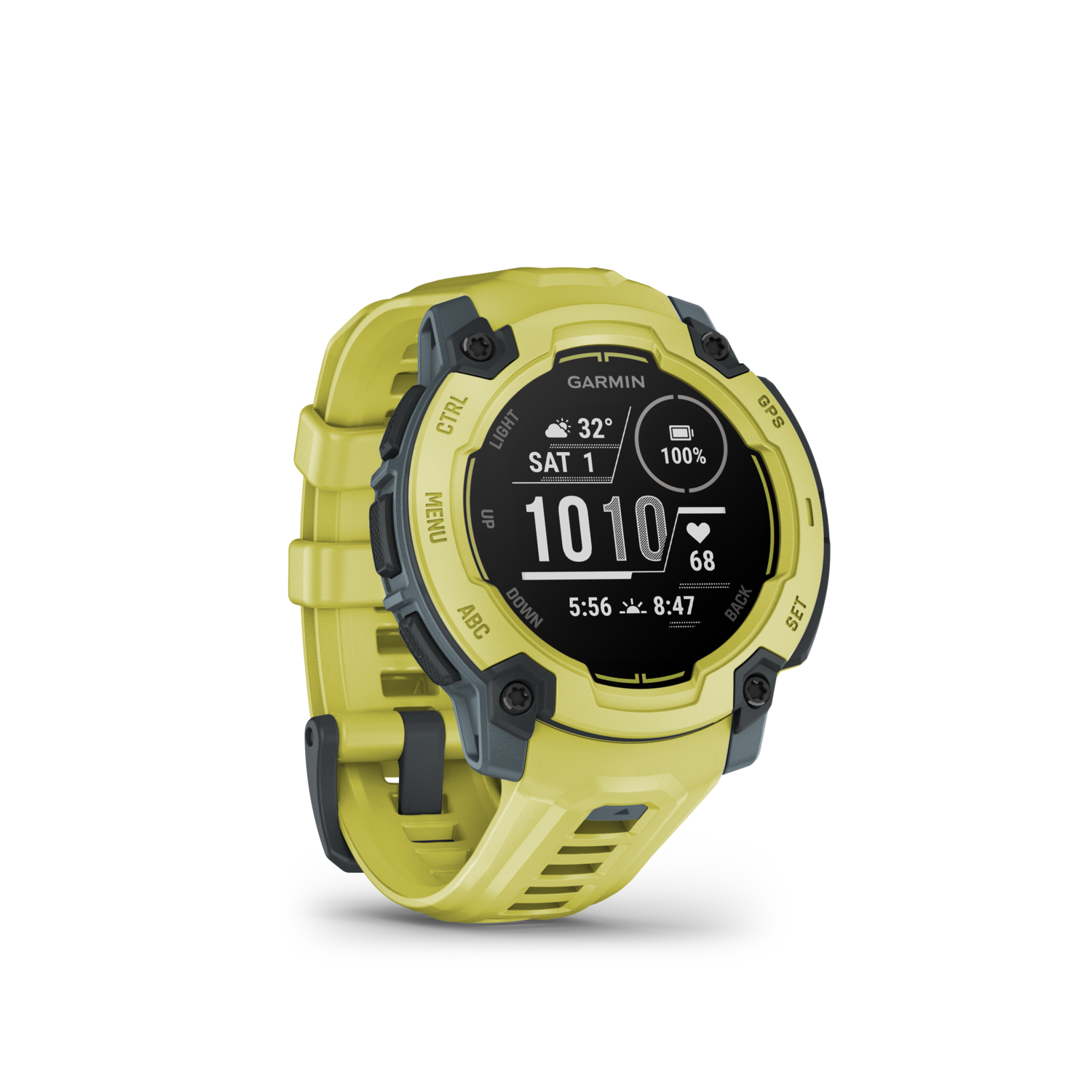 Gele smartwatch met display op zwarte achtergrond.
