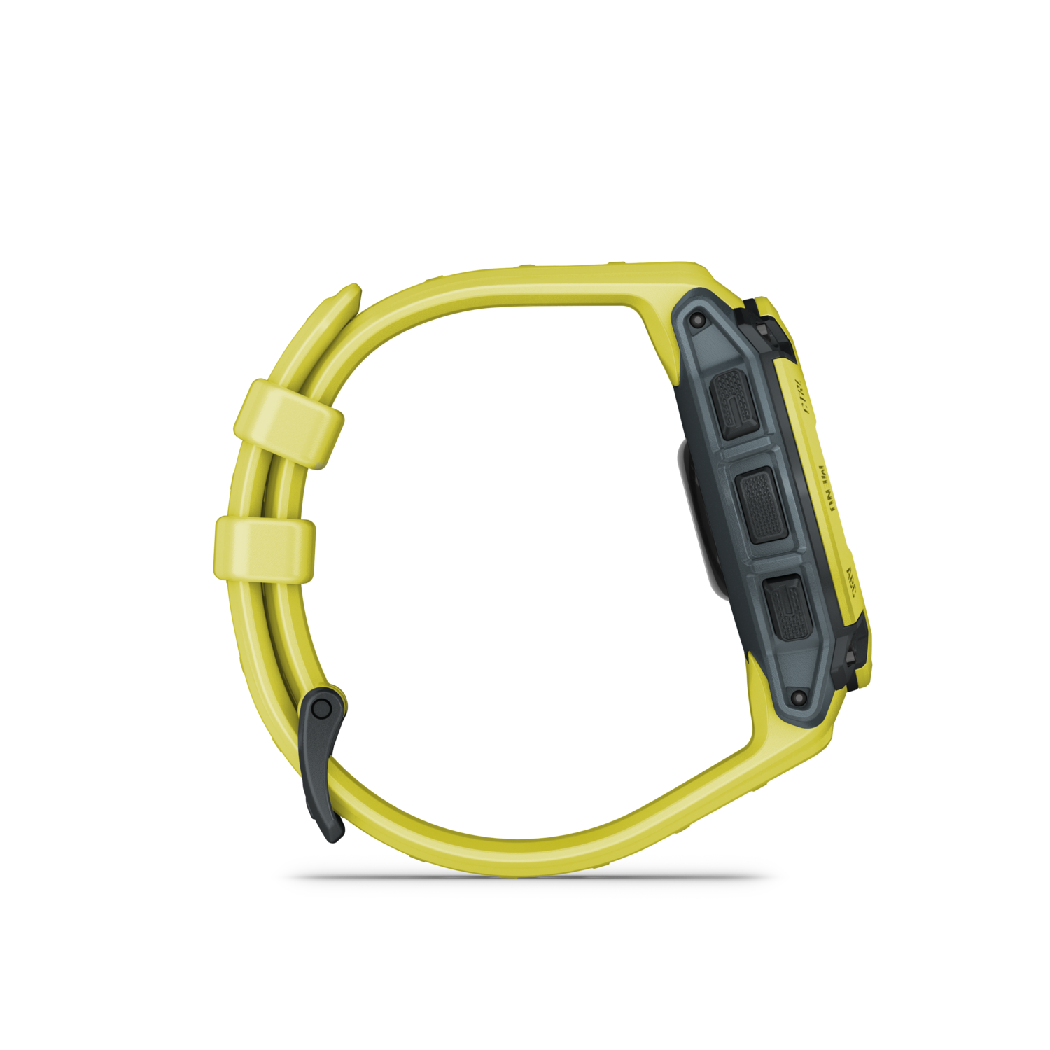 Zijaanzicht van gele smartwatch, zwarte achtergrond.