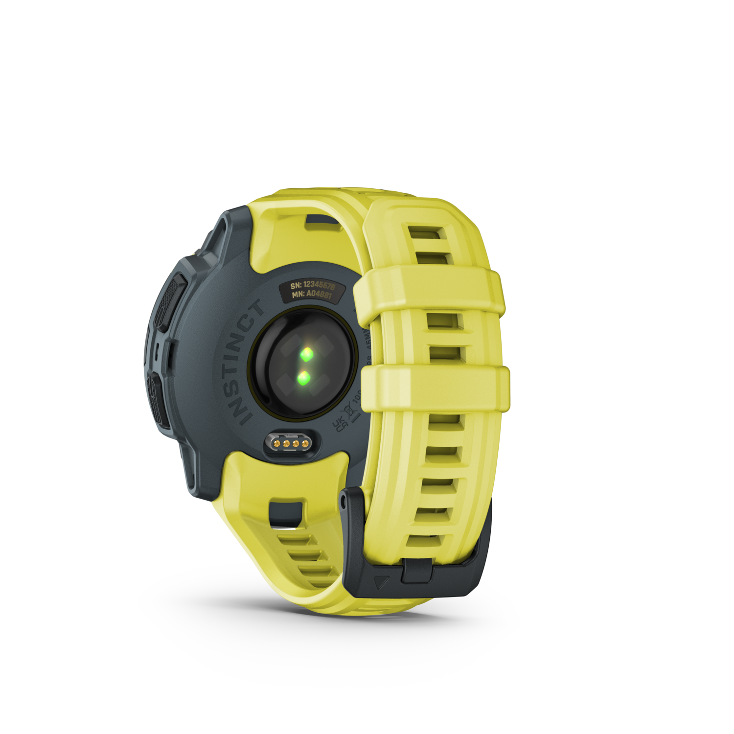 Achterkant van gele smartwatch, zwarte achtergrond.