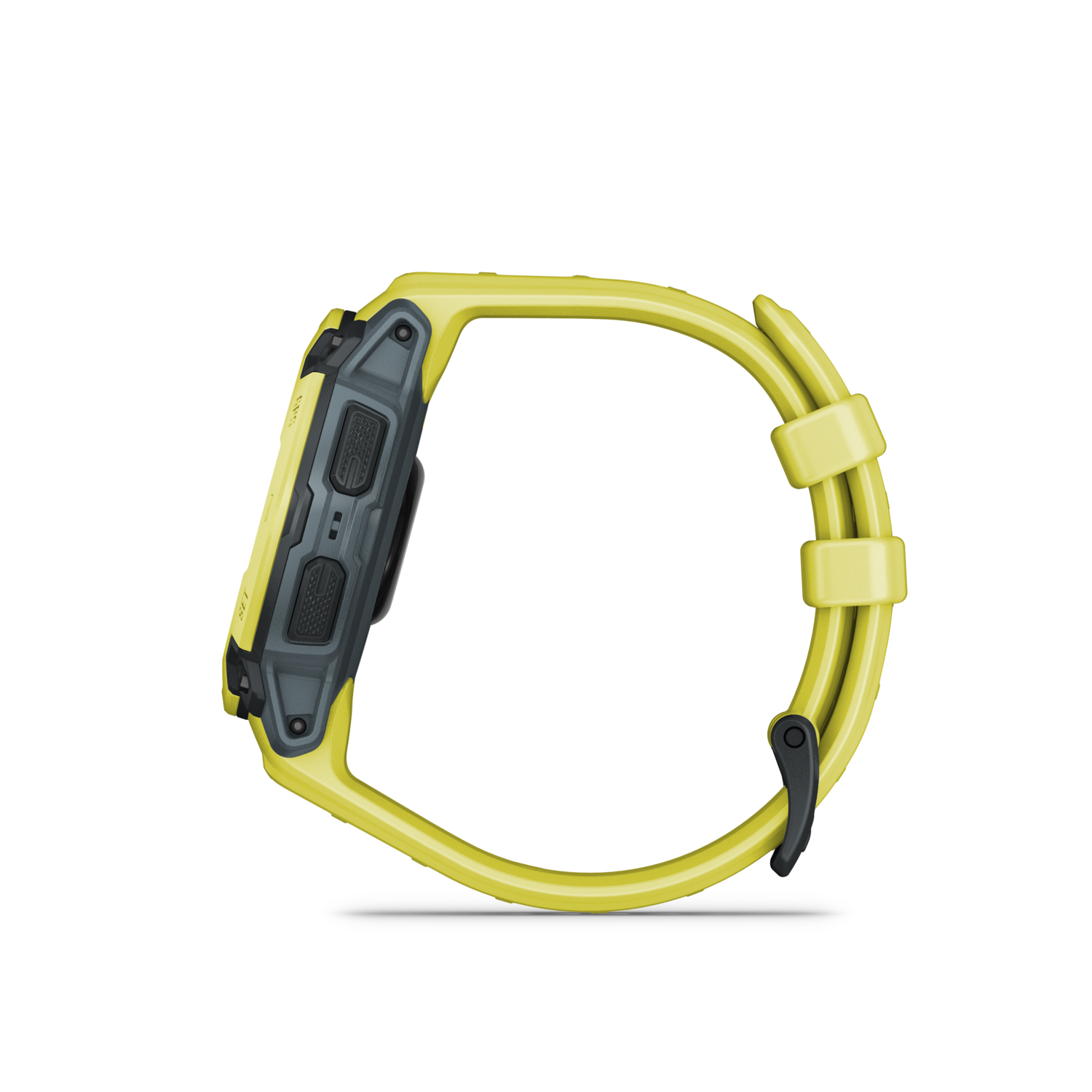 Een zijaanzicht van een gele smartwatch wordt getoond.