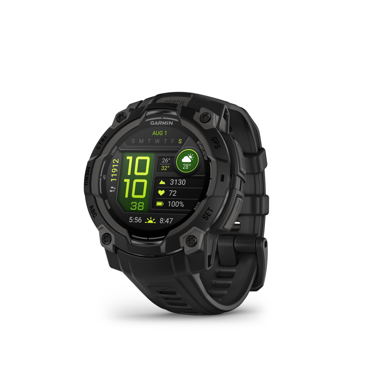 Zwarte smartwatch met display op zwarte achtergrond.