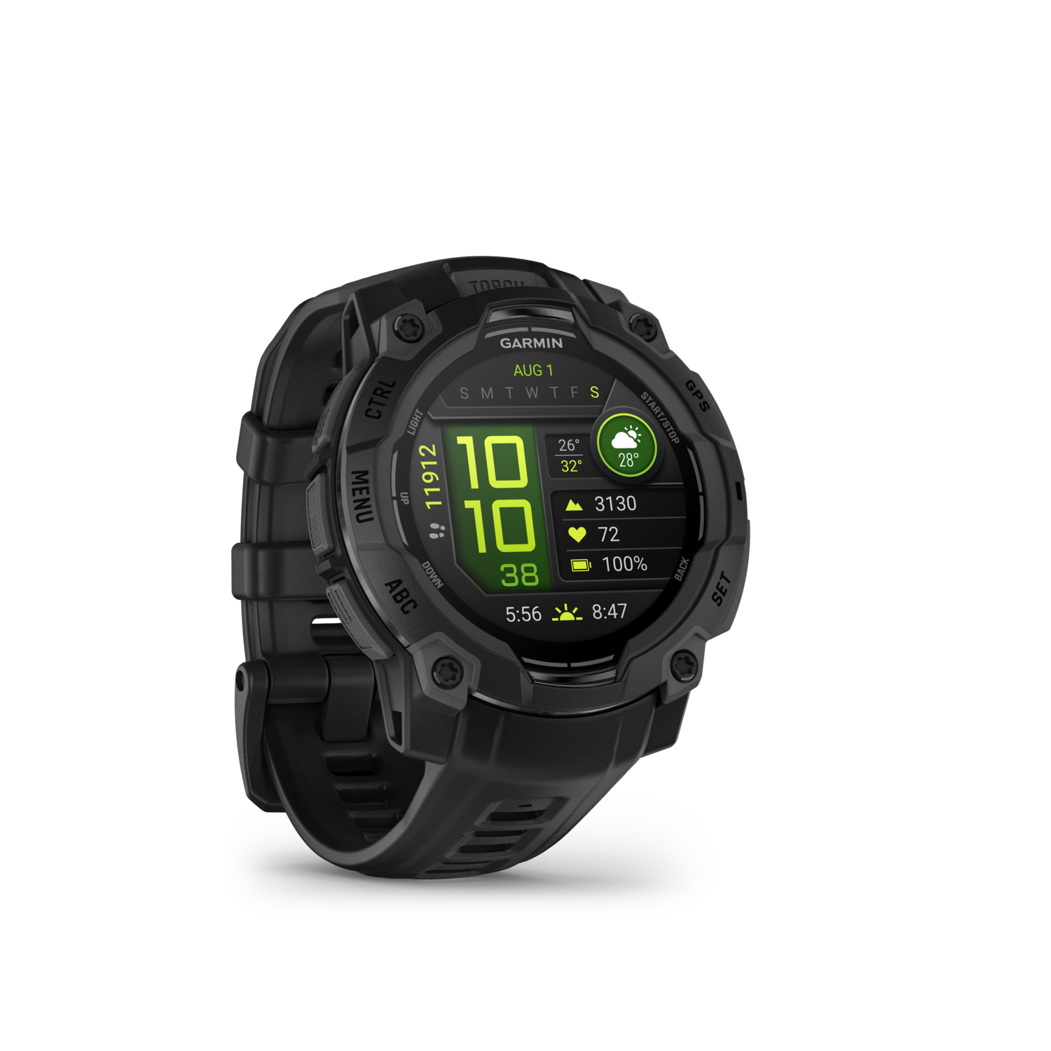 Zwarte smartwatch met display op zwarte achtergrond.