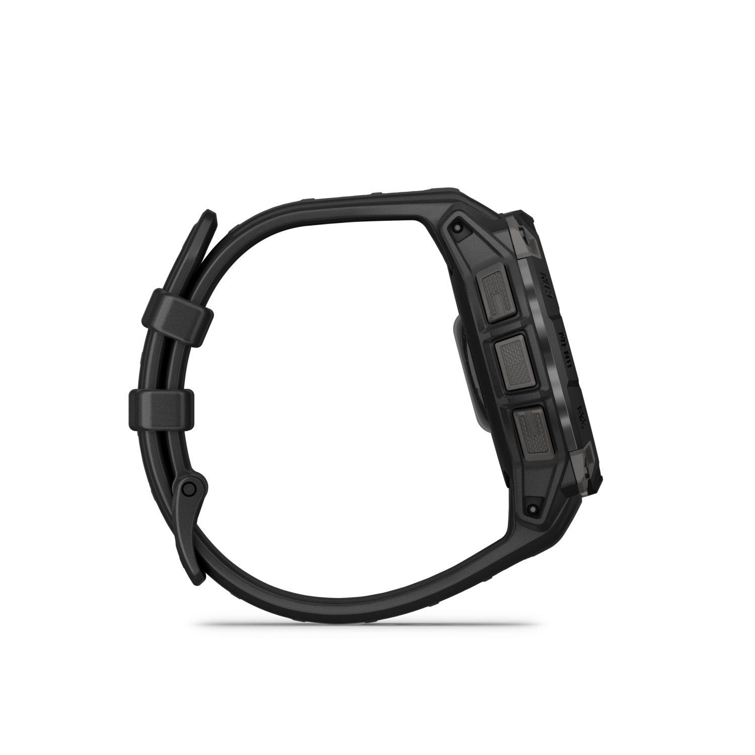 Een zijaanzicht van een zwart smartwatch met knoppen aan de zijkant.