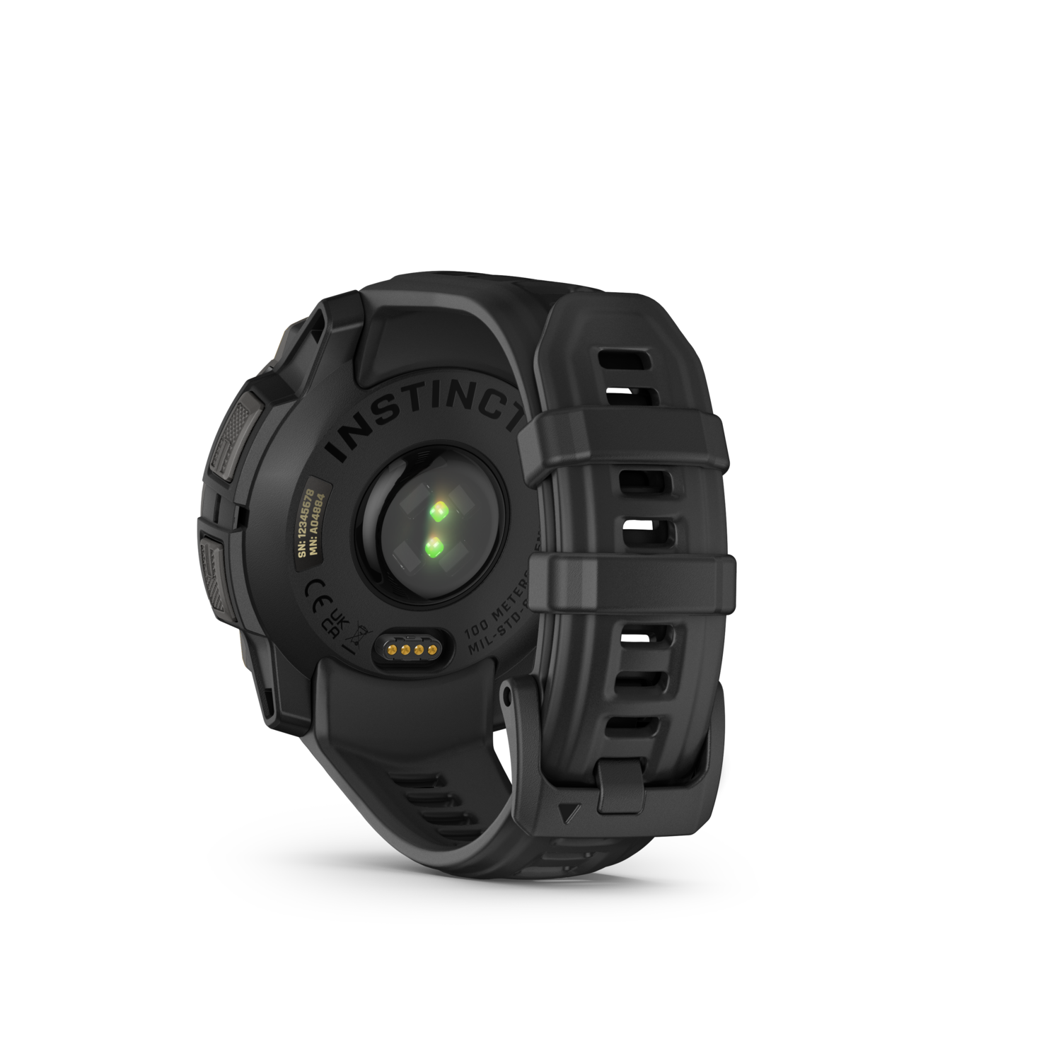 Achterkant van zwarte smartwatch, zwarte achtergrond.