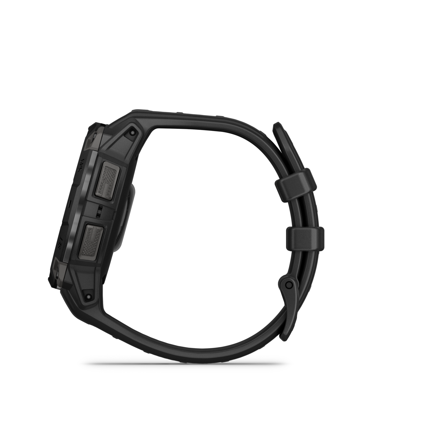 Zijaanzicht van zwarte smartwatch, zwarte achtergrond.