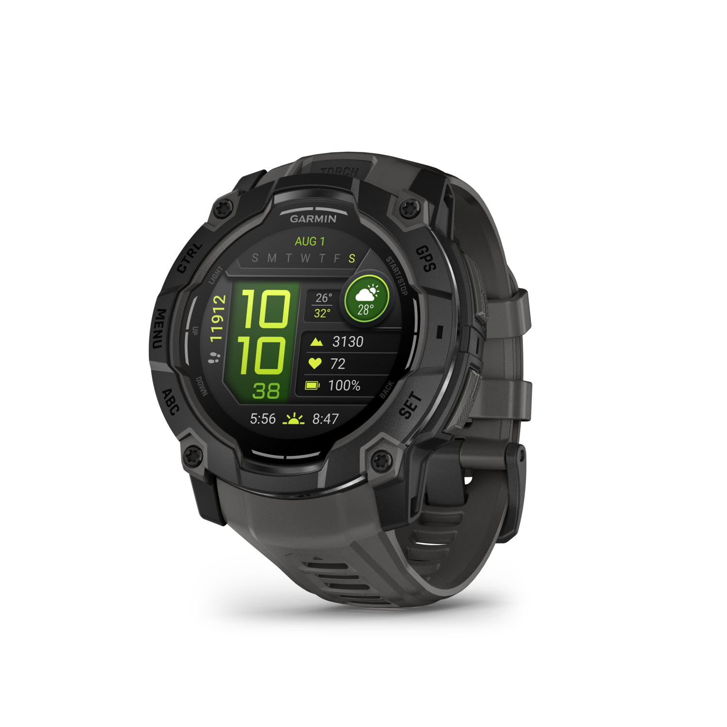 Black Garmin smartwatch with display showing data, buttons visible.