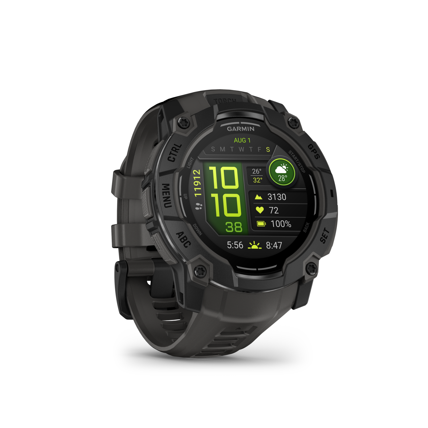Black Garmin smartwatch, display showing data and buttons visible.