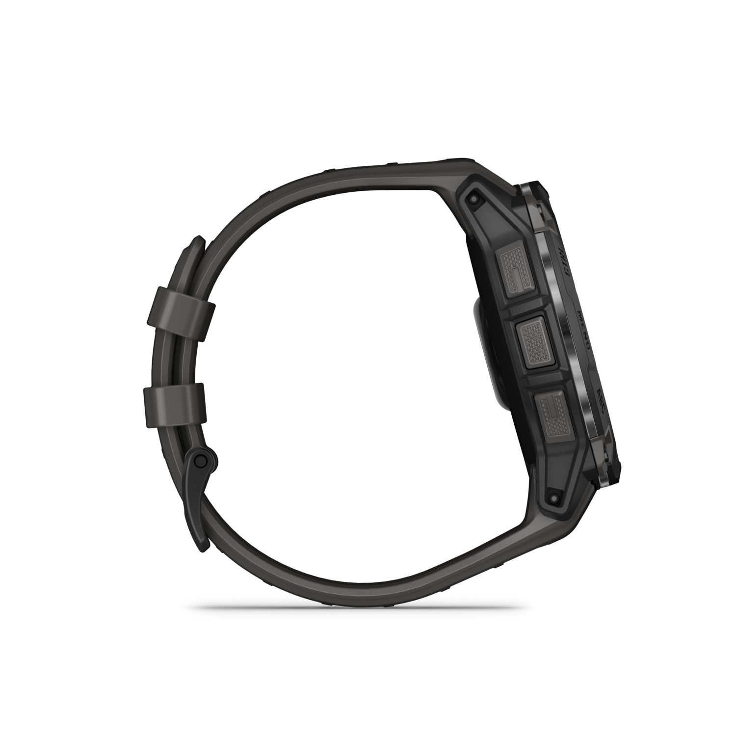 Black smartwatch showing side view, buttons and strap visible.