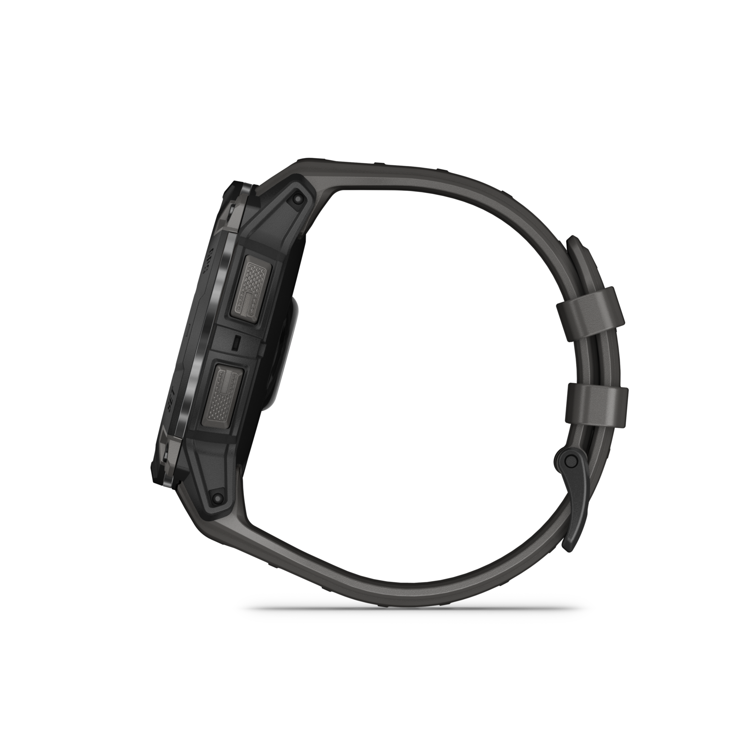 Black smartwatch side view, buttons and strap visible.