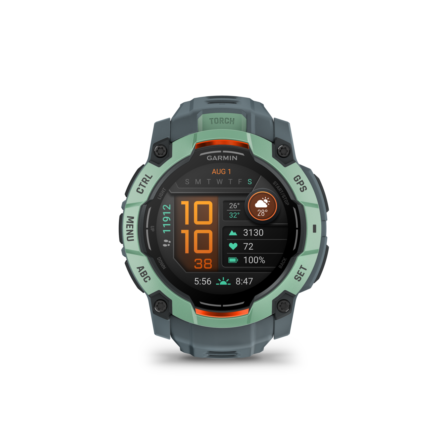 Smartwatch met display waarop tijd, gezondheidsgegevens en weer worden weergegeven. Zwarte achtergrond.