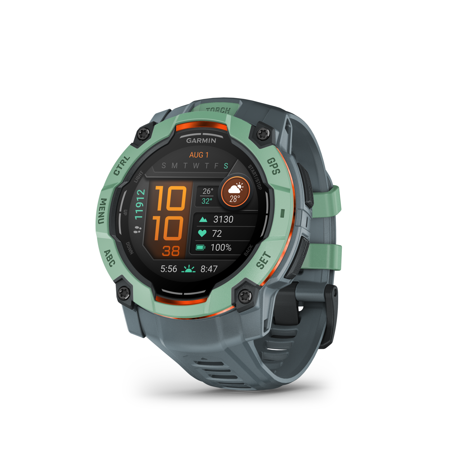 Een zwart en groen Garmin-horloge op een zwarte achtergrond.