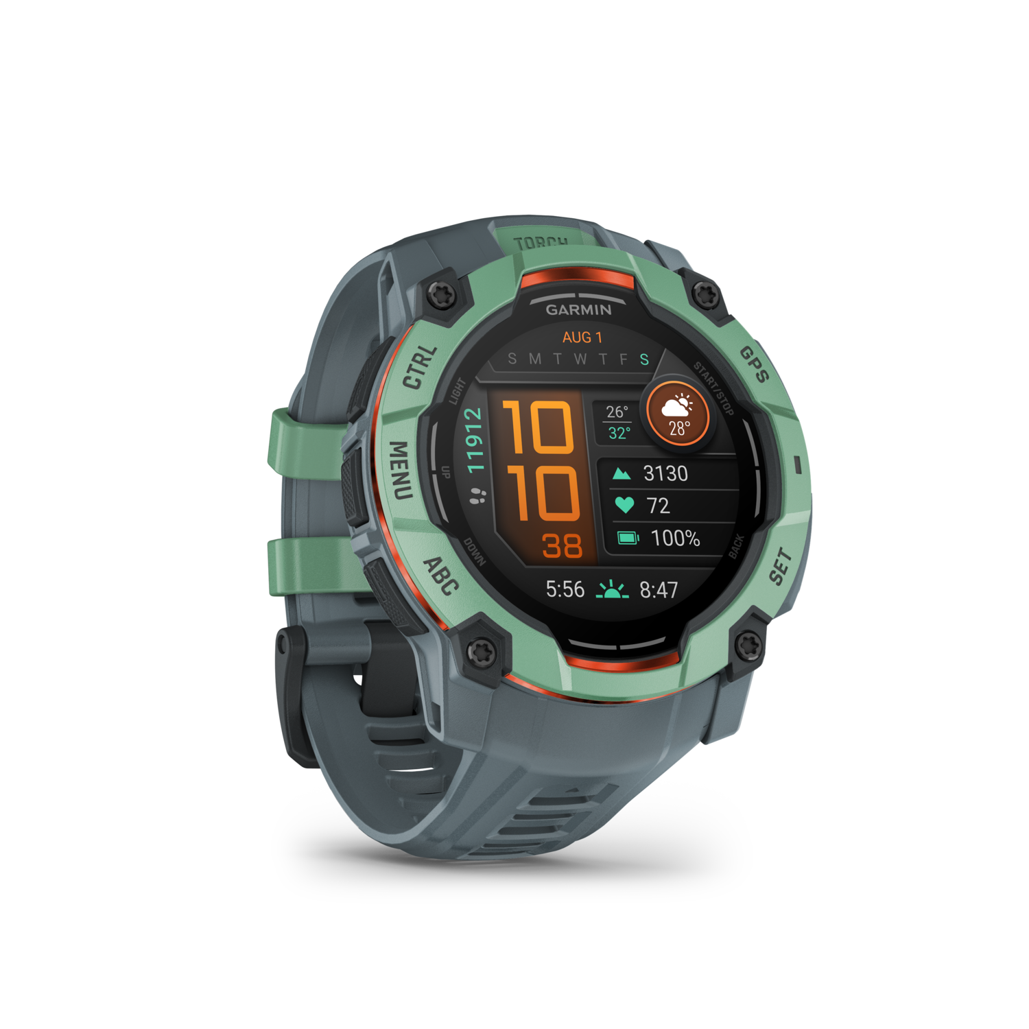 Garmin sporthorloge. Groen en grijs. Toont info op het scherm.