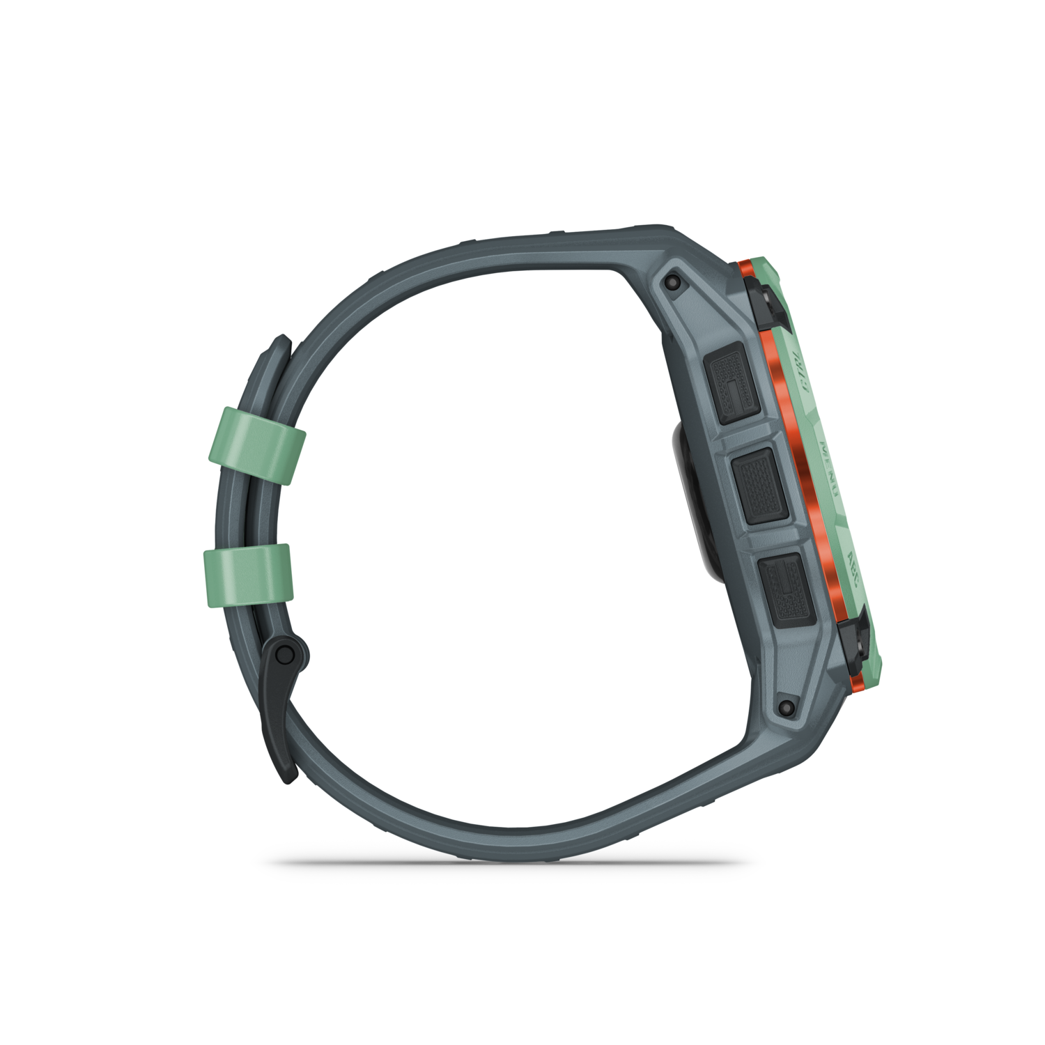 Zijaanzicht van een grijze en groene smartwatch. Het heeft knoppen en een groene band.