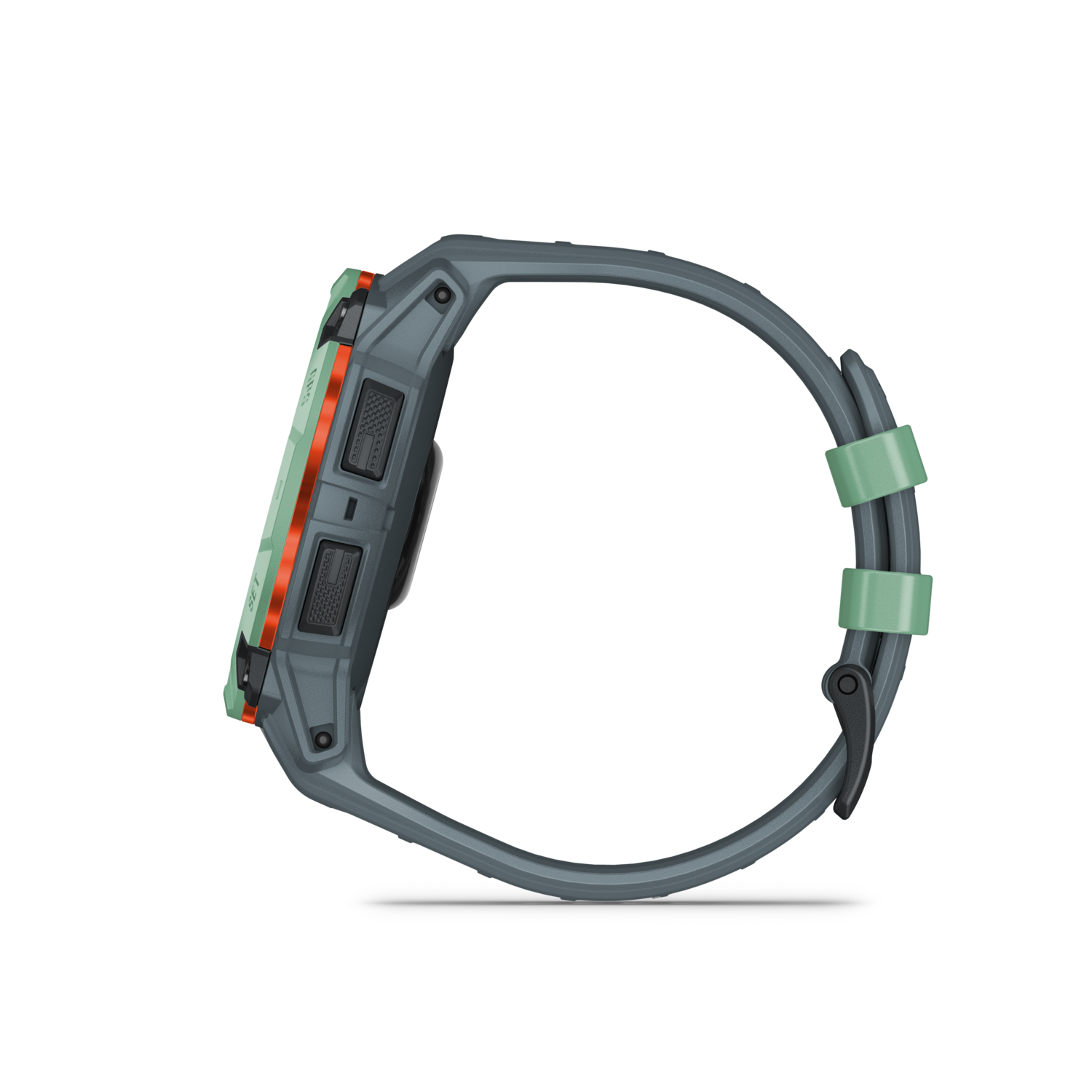 Zijaanzicht van een grijs Garmin-horloge met oranje en groene accenten.