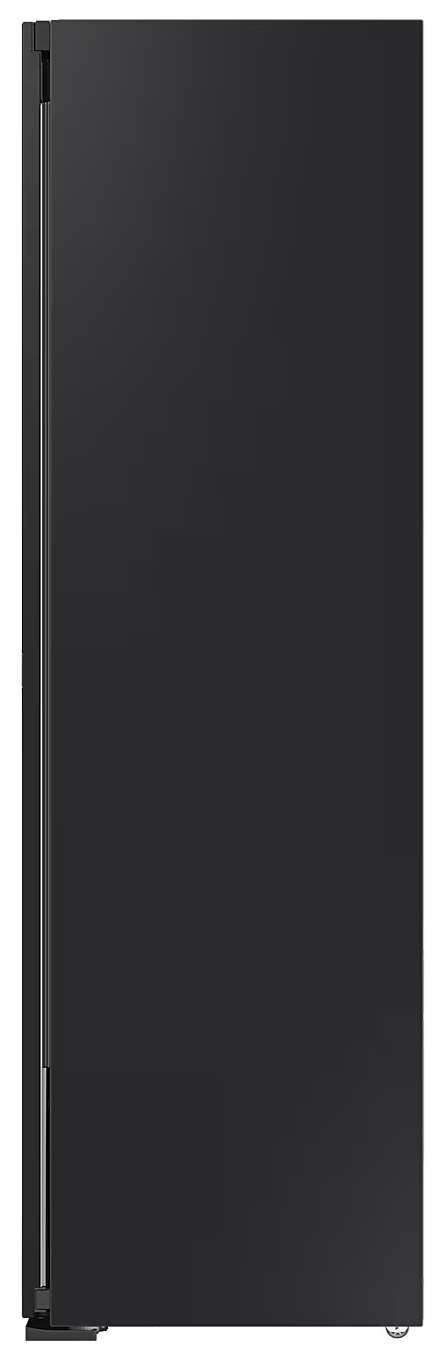 Wysokie, czarne drzwi lodówki, ze srebrnym paskiem po lewej stronie i czarną podstawą.