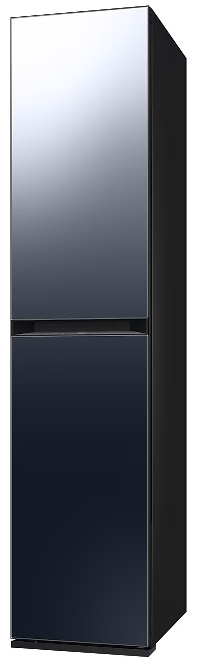 Czarna lodówka z dwojgiem drzwi, górną i dolną częścią.