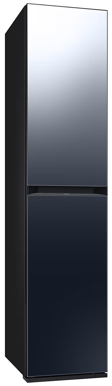 Czarna lodówka z dwiema drzwiami, o błyszczącym czarnym wykończeniu. Góra jest srebrna.