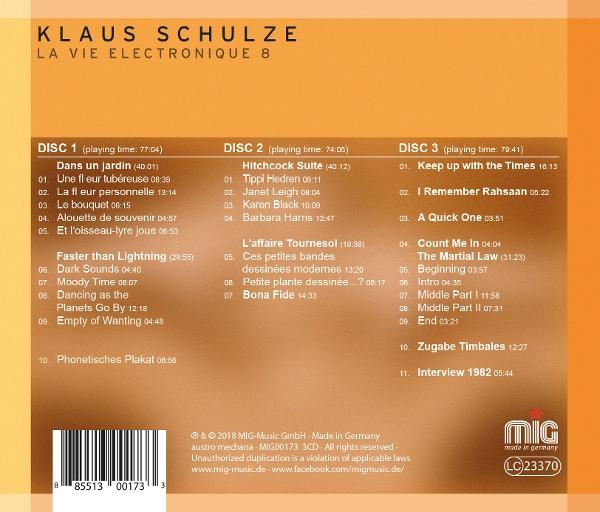 Die Rückseite eines Klaus Schulze Albums mit Titellisten.