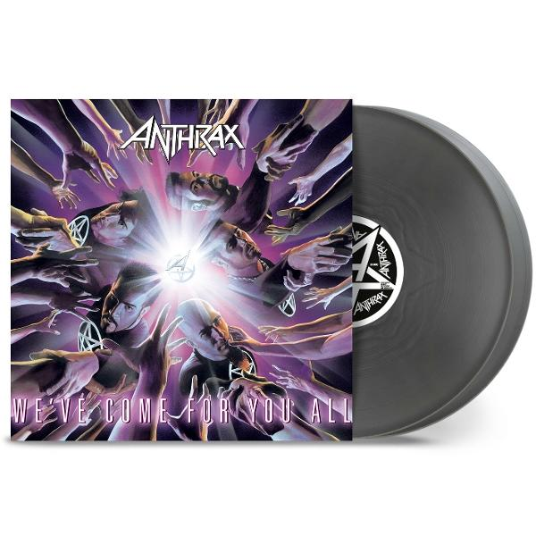 Anthrax Albumcover mit Bandname und Albumtitel, Hände greifen nach Gesichtern. Vinyl-Schallplatte rechts.