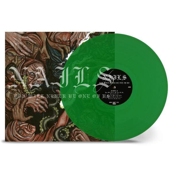 Grüne Vinyl-Schallplatte mit Albumcover-Kunst mit Gesichtern. Das Label ist 'NAILS'.