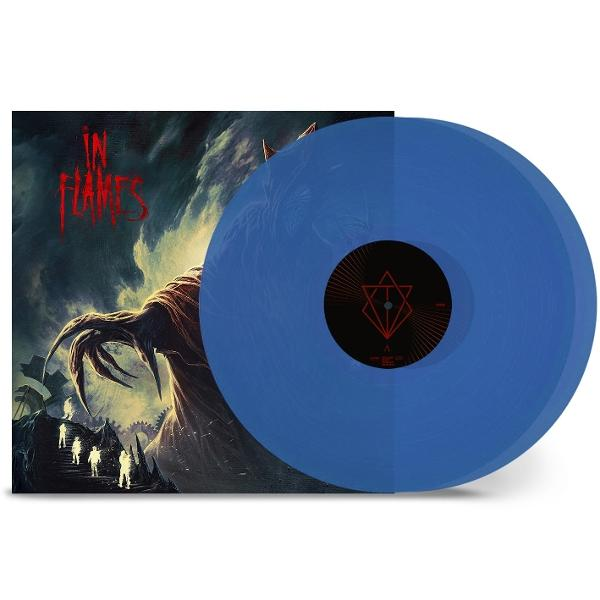 Albumcover: Roter Text In Flames. Blaue Vinyl-Schallplatte. Dunkle Kunst mit einem Monster.