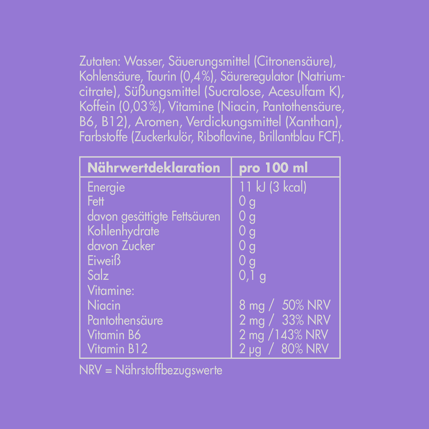 Nährwerttabelle auf lila Grund. Zutaten, Energie- und Vitaminwerte pro 100 ml sind sichtbar.