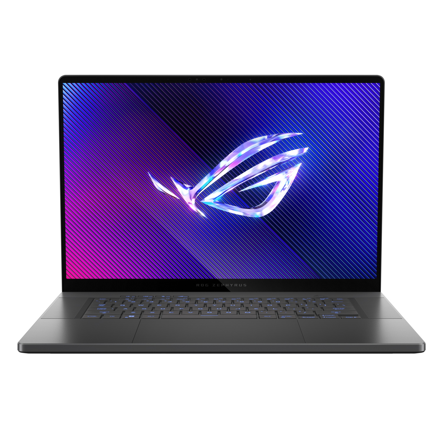 Open grijze laptop met een blauw en paars scherm.