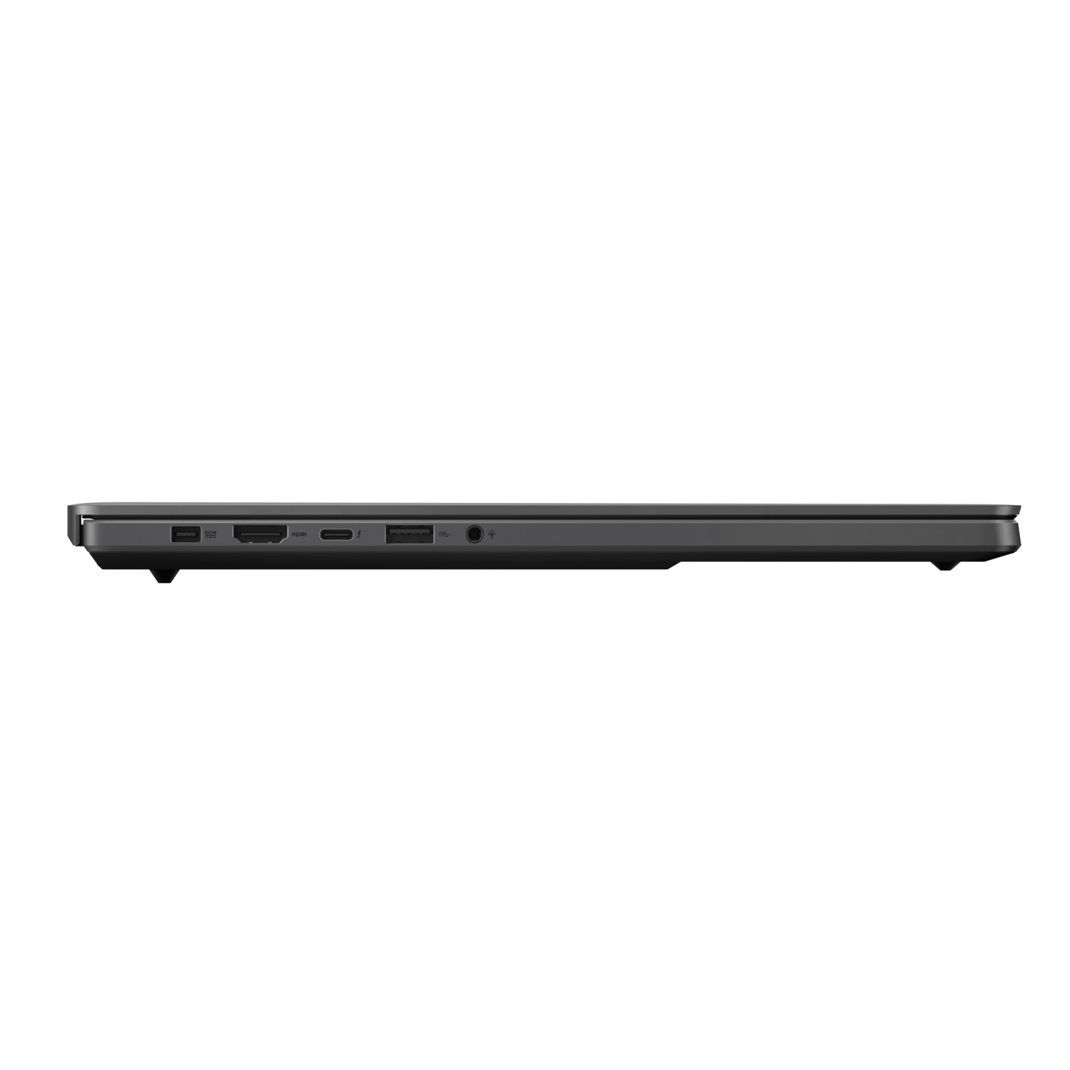 Zijaanzicht van een zwarte laptop.