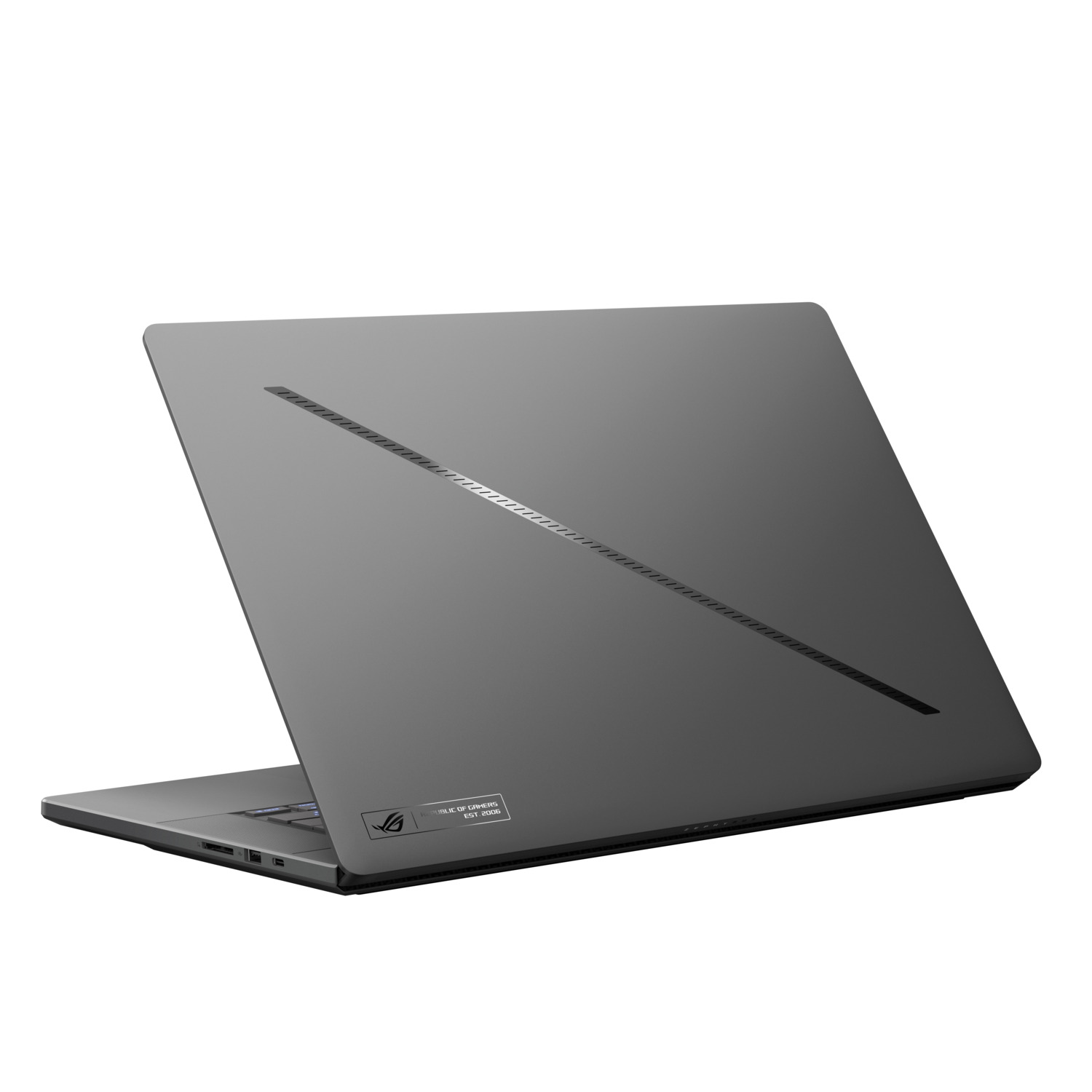 Een laptop met een donkergrijze kleur, met een logo en een balk erop.