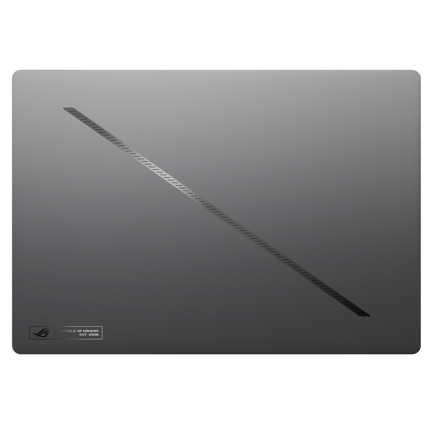 Achterkant van een laptop met een grijze gradiënt en een logo.