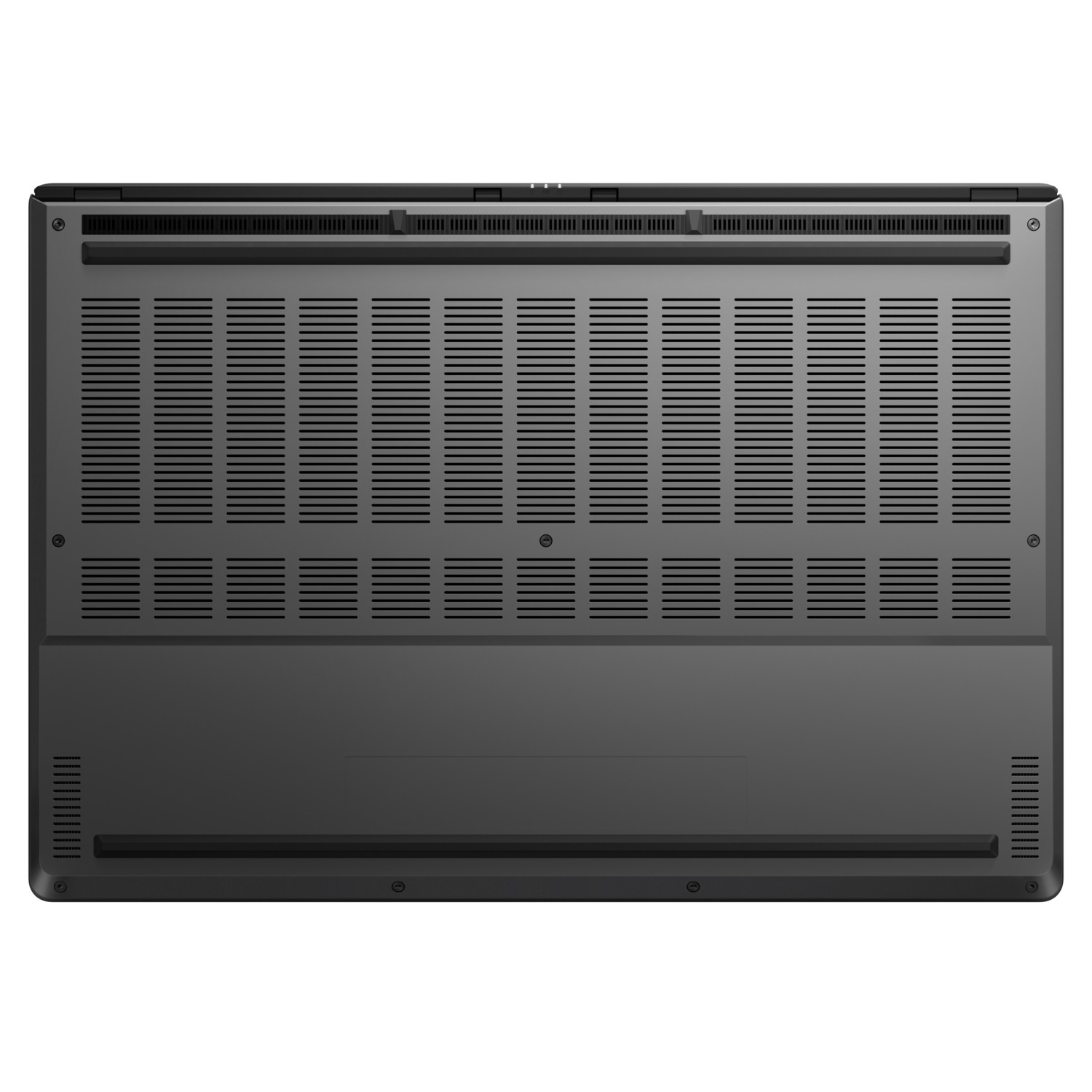 Onderkant van laptop met ventilatie. Donkergrijs, ventilatie in rijen, zichtbare schroeven.