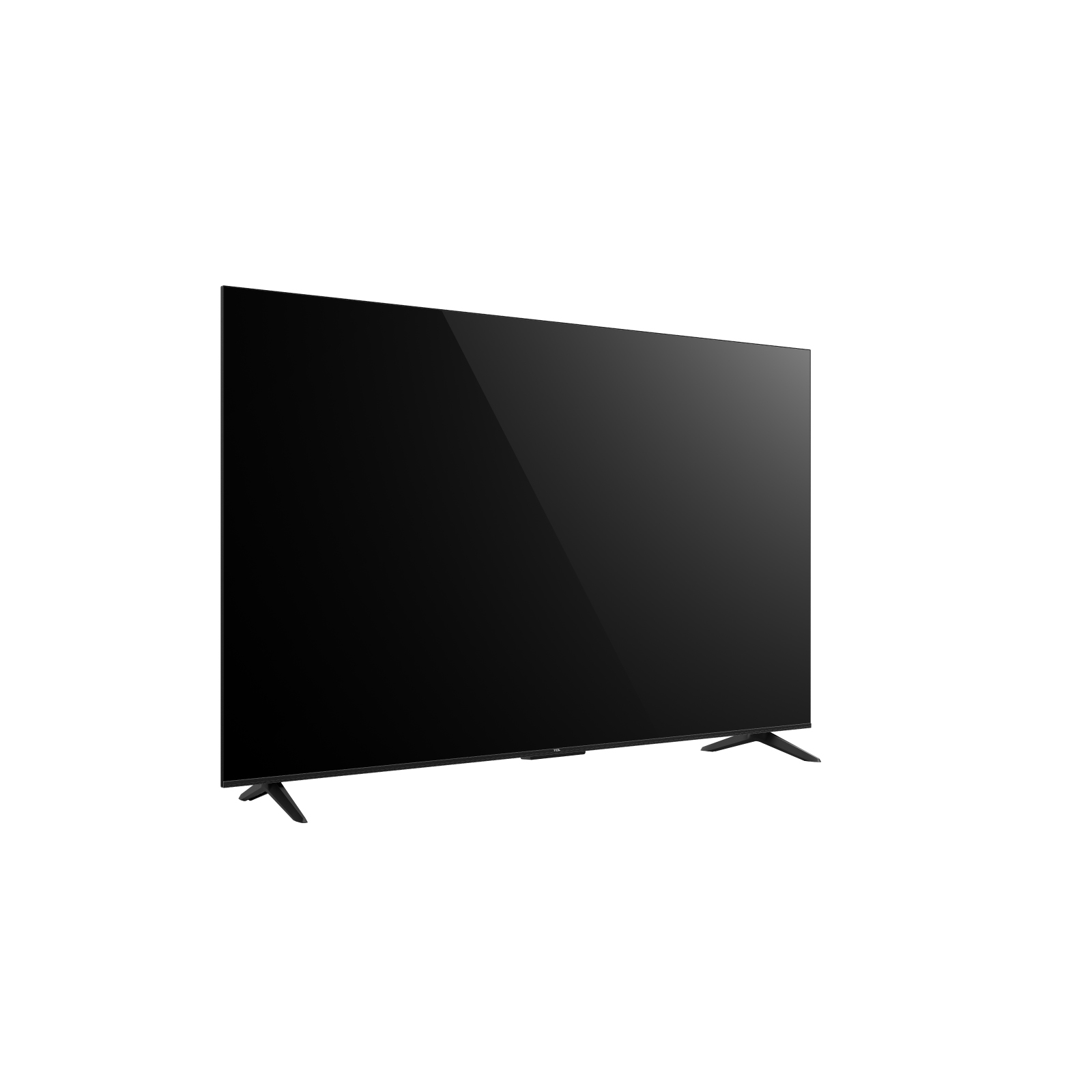 Beyaz arka planda parlak ekranlı siyah düz ekran TV.
