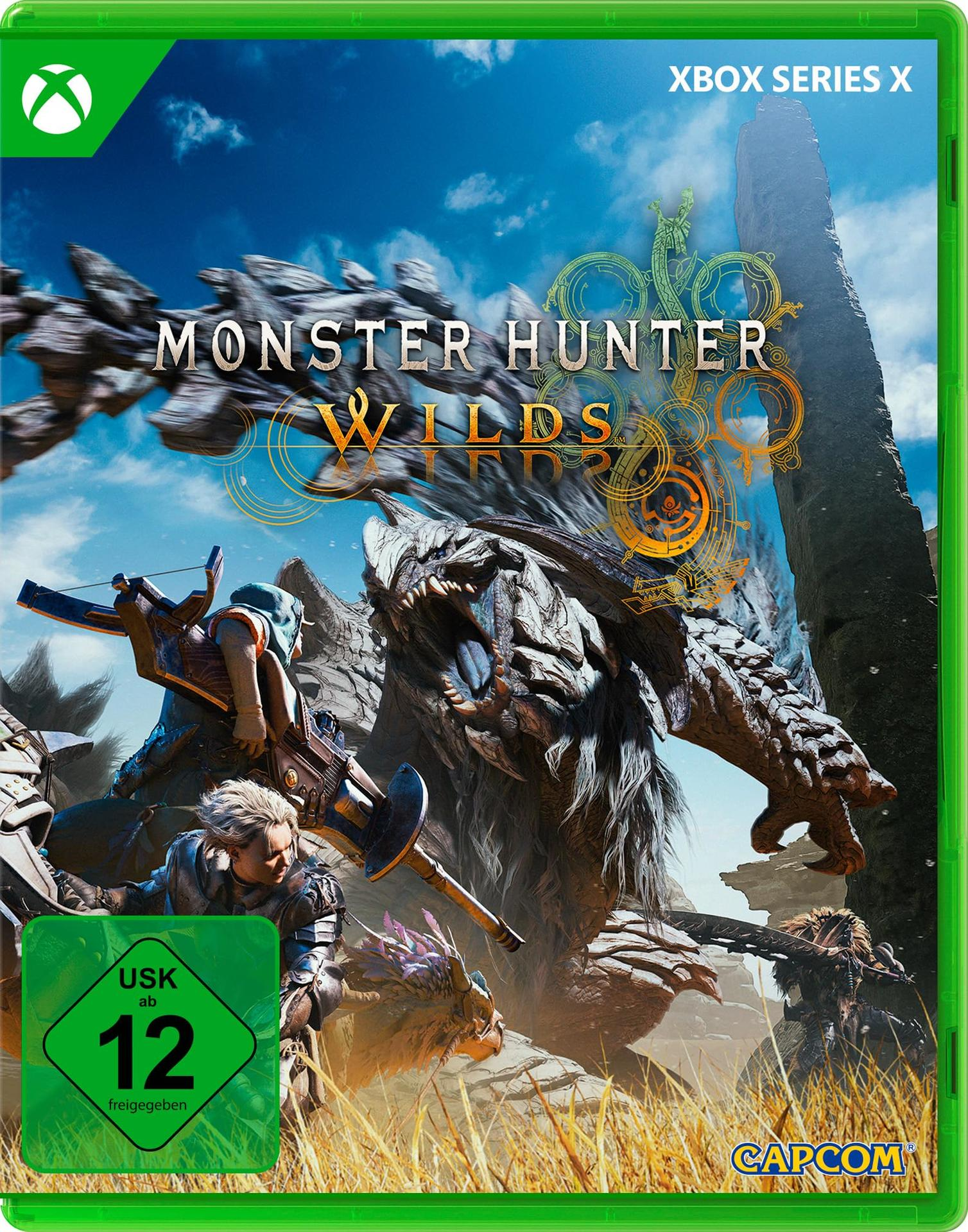 Spiel-Cover für Monster Hunter Wilds. Es zeigt ein Monster und Jäger in einer bunten Landschaft.