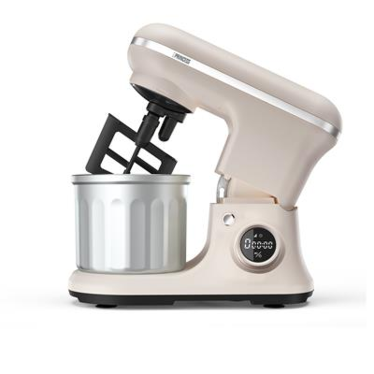 Beige Princess ice cream maker with silver bowl and black attachments, white background.