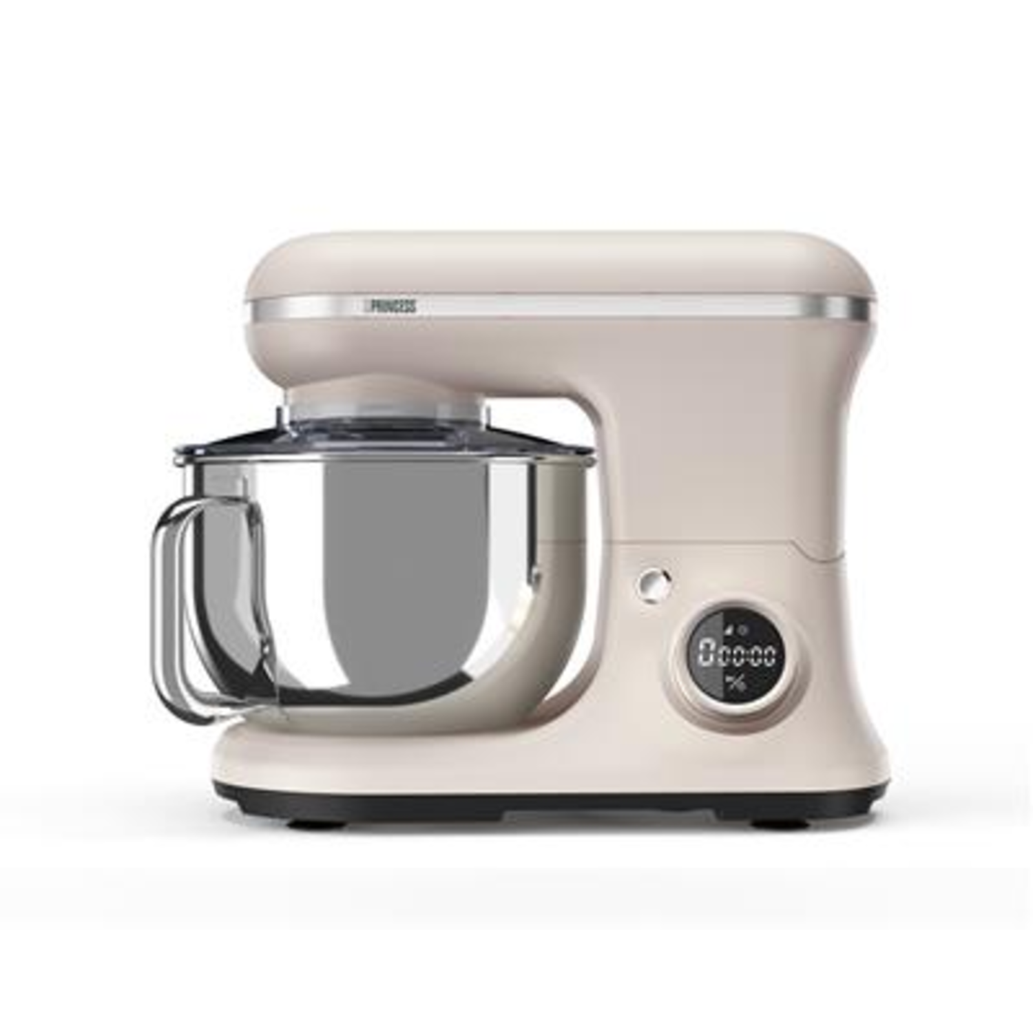 A cream-colored stand mixer with a digital display.