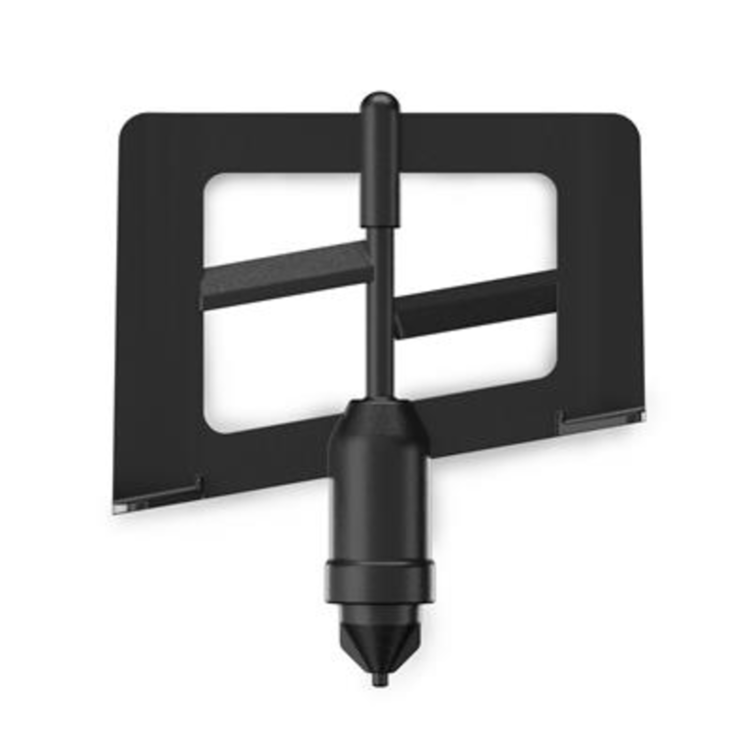 A black stand with a rectangular frame and a cylindrical attachment.