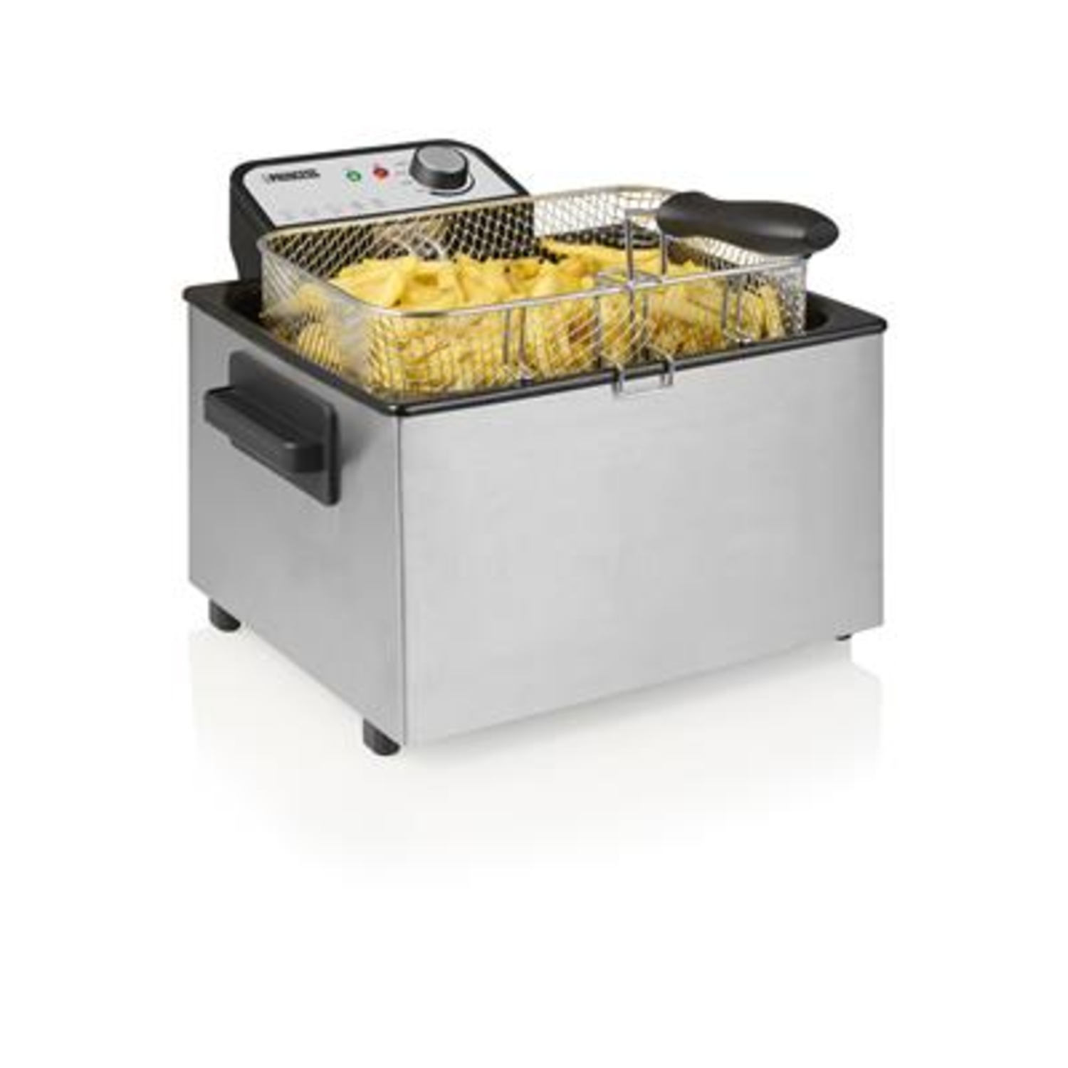 Stainless steel deep fryer with basket of fries, black handle, white background.
