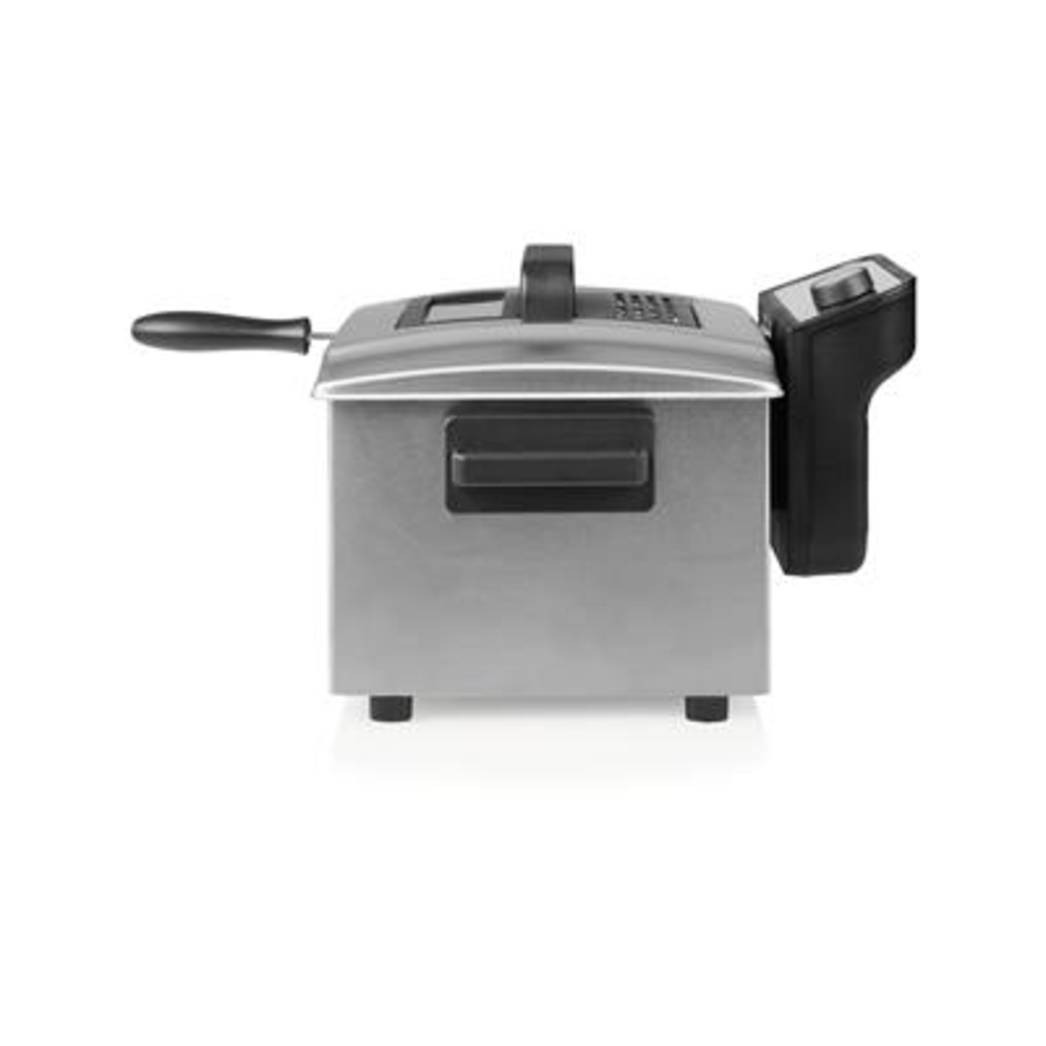 Stainless steel deep fryer with handle and control panel, white background.