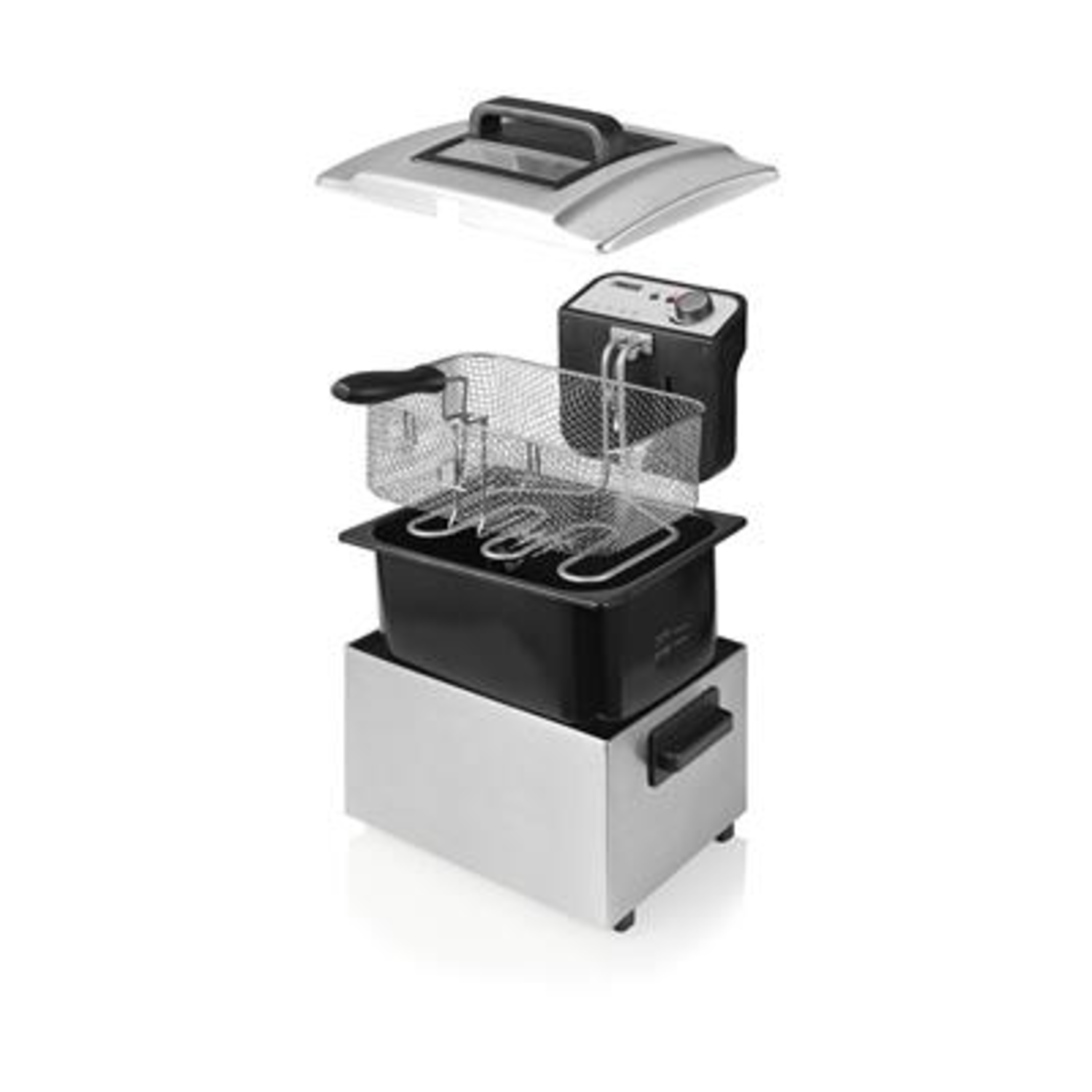 Stainless steel deep fryer disassembled, showing basket, tank, and lid, white background.