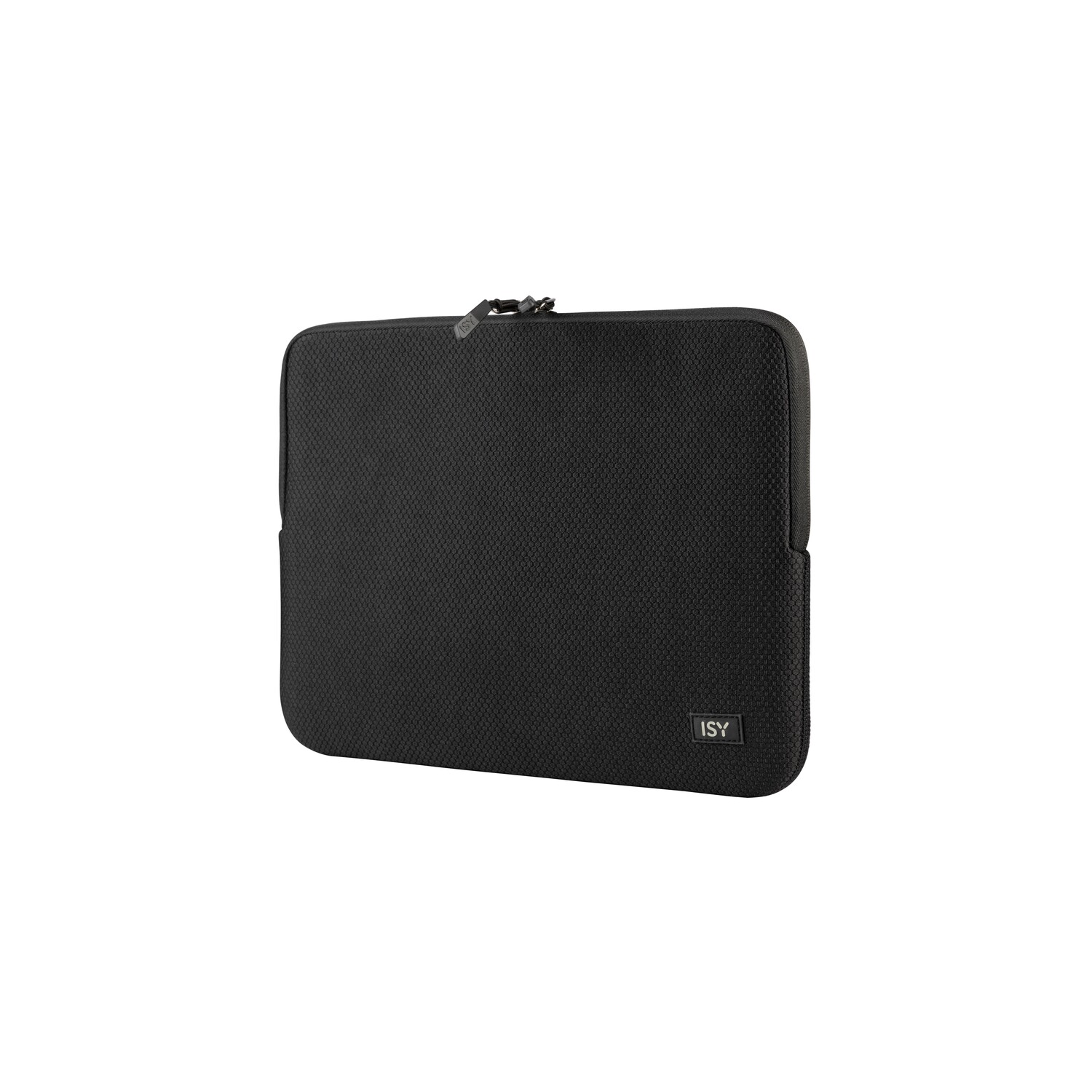 Étui noir pour ordinateur portable. L'étui est rectangulaire et possède une fermeture éclair. La marque ISY est visible.