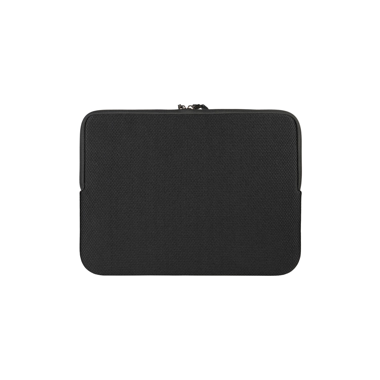 Housse d'ordinateur portable noire avec fermeture éclair. Le matériau a un motif texturé en forme de grille.