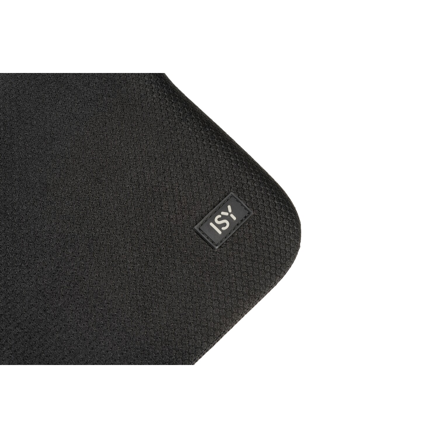 Tapis noir avec surface texturée et logo 'ISY'.