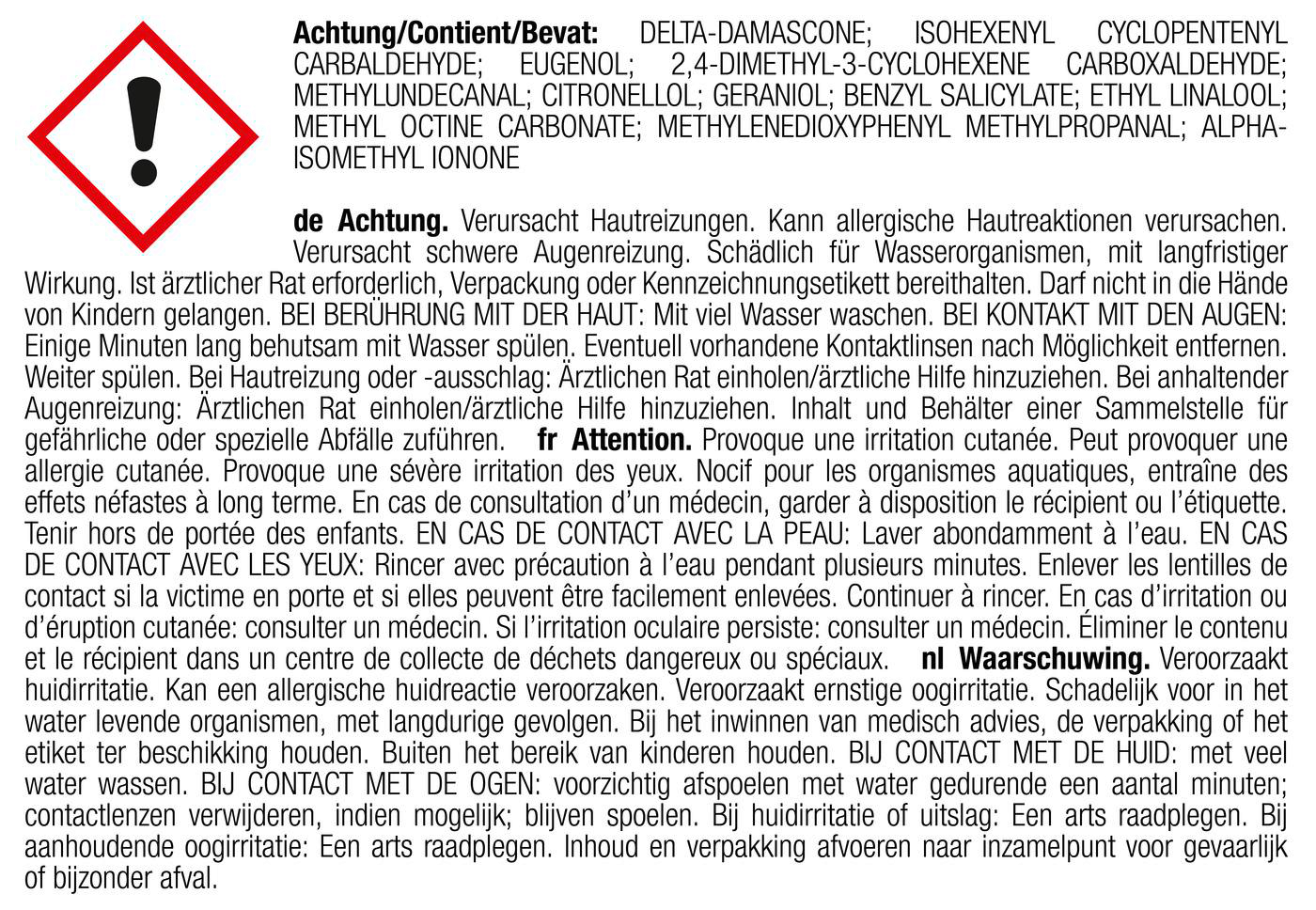 Ein Warnhinweis mit Text in mehreren Sprachen, darunter Deutsch, Spanisch und Französisch.